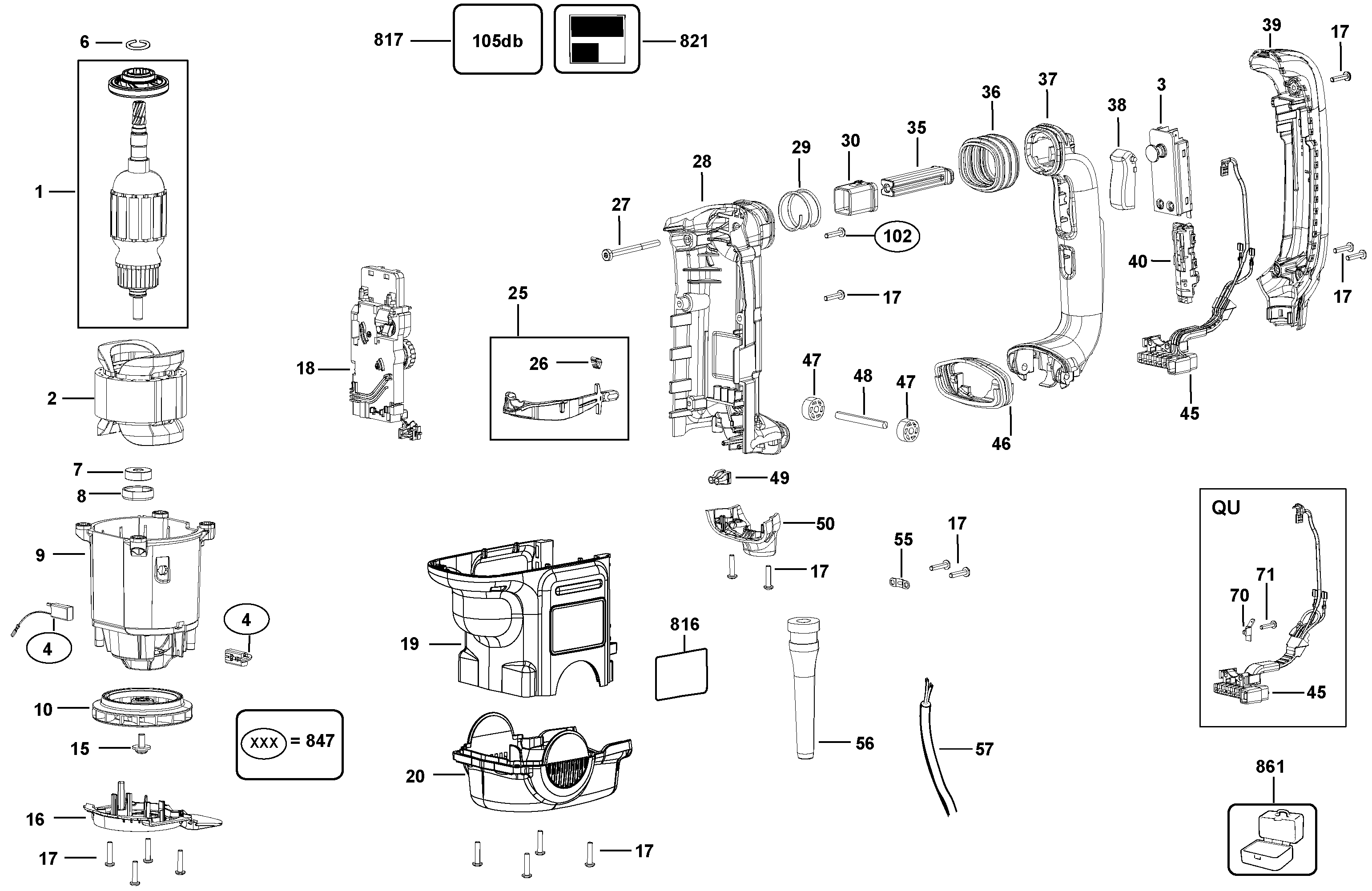 MOTOR Diagram and Parts List for D25762K-B2 Type 1 DeWALT Hammer