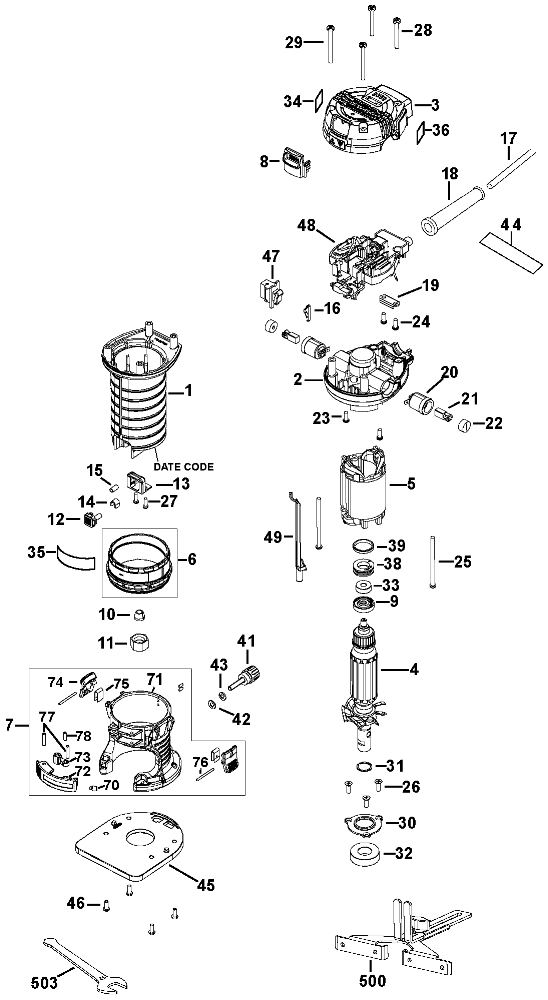 Default Diagram and Parts List for DWE6000-B3 Type 1 DeWALT Trimmer