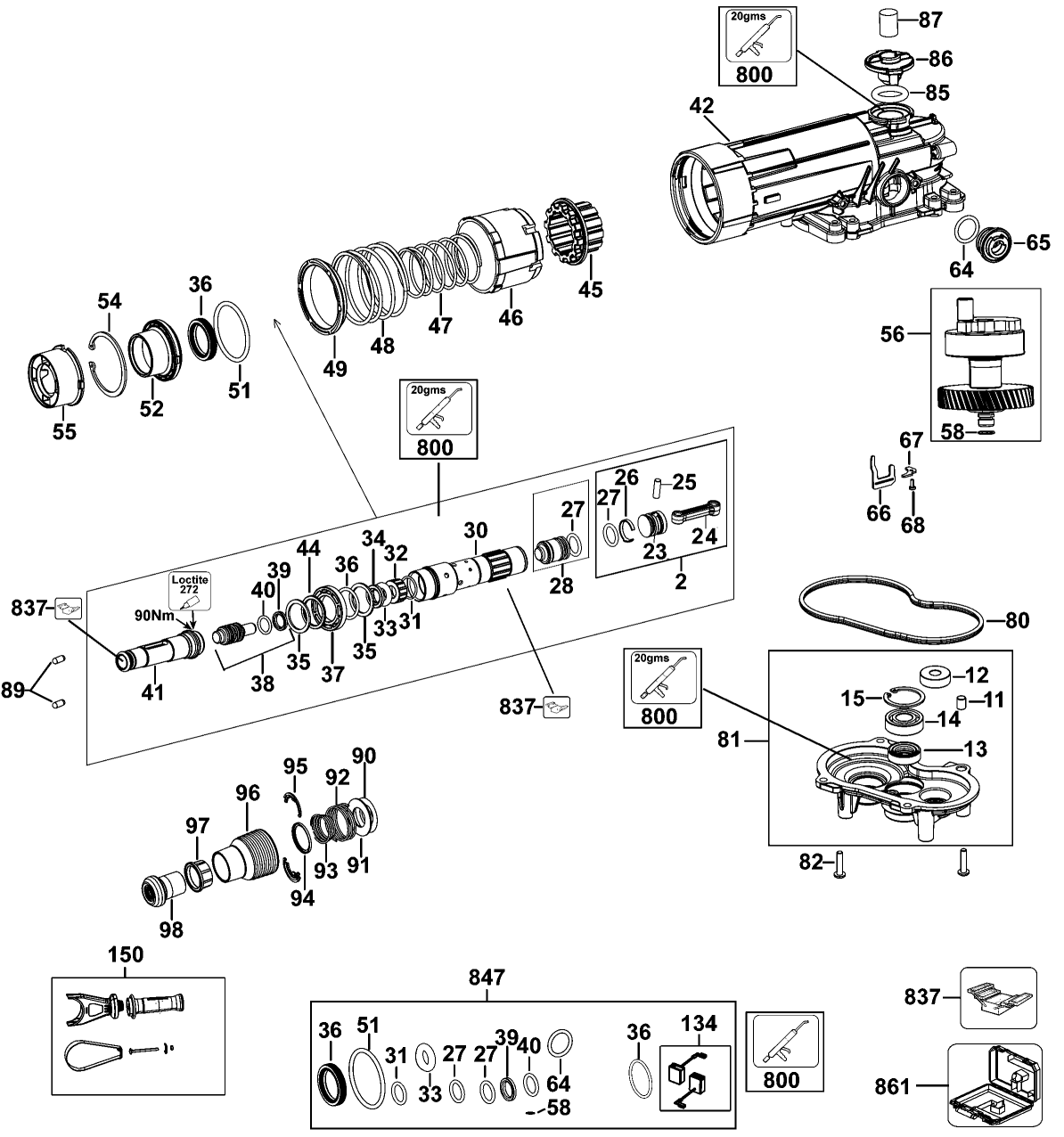 Gear Box Assembly Diagram and Parts List for D25810K Type 1 DeWALT Hammer Drill