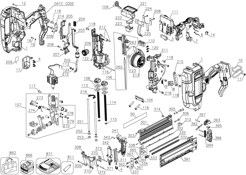 Diagram Diagram and Parts List for DCN680BR Type 1 DeWALT Nailer