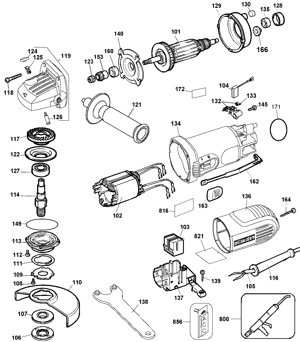 Default Diagram and Parts List for D28090AV-B2 Type 1 DeWALT Grinder