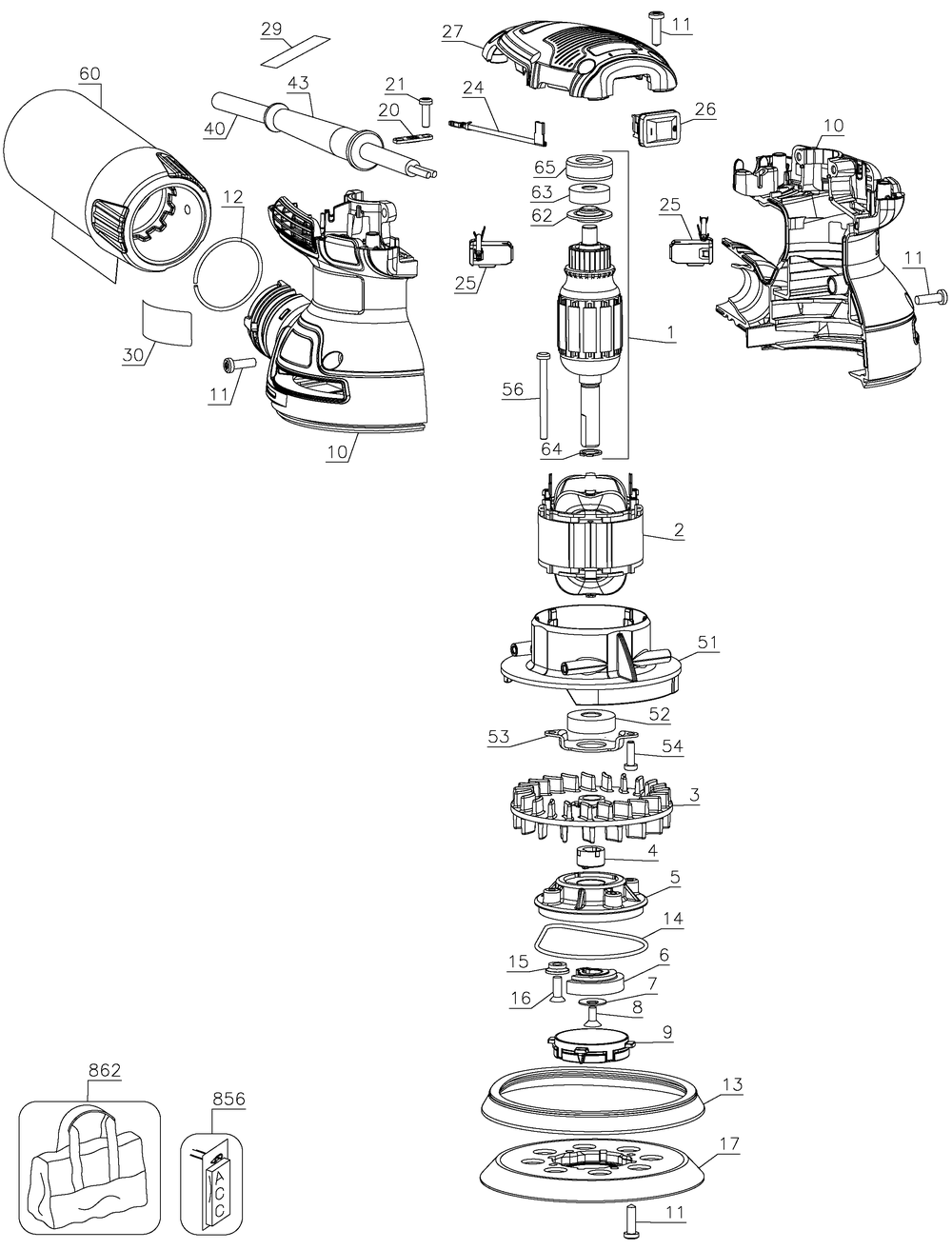 Section 1 Diagram and Parts List for DWE6420R Type 1 DeWALT Sander Grinder