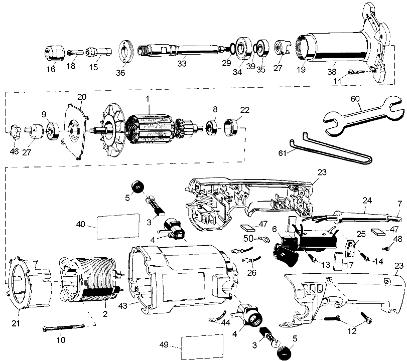 Default Diagram and Parts List for DW888-B2 Type 3 DeWALT Grinder