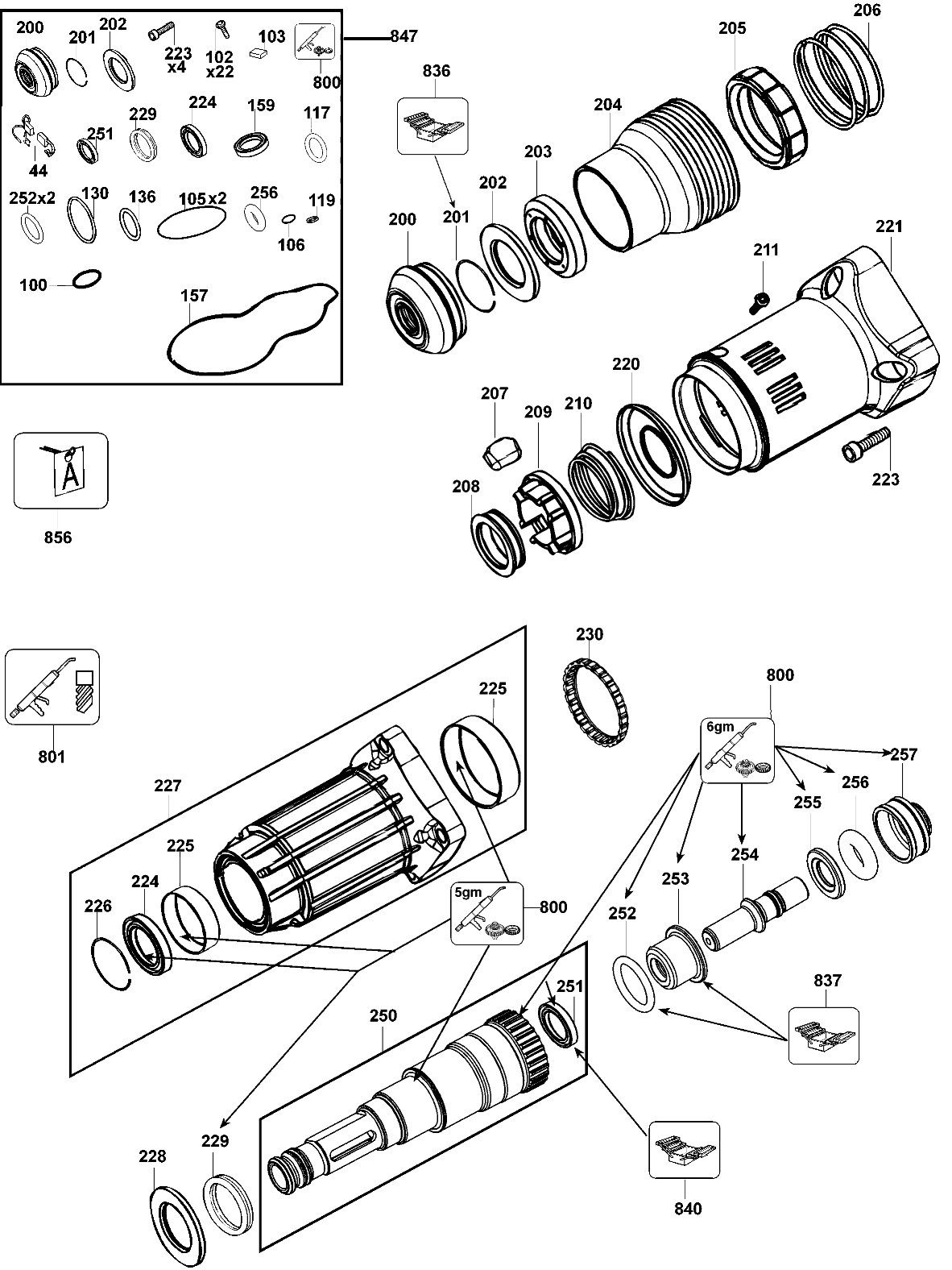 tool holder Diagram and Parts List for D25890K-AR Type 1 DeWALT Hammer