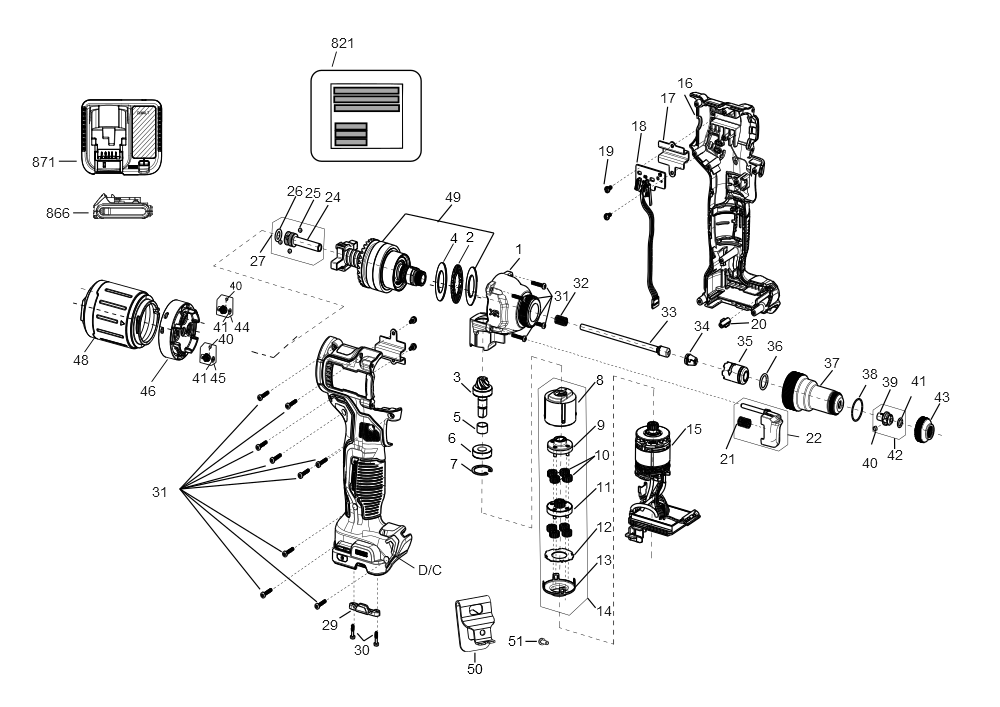 Exploded Diagram A Diagram and Parts List for DCF414GE2 Type 1 DeWALT Riveter