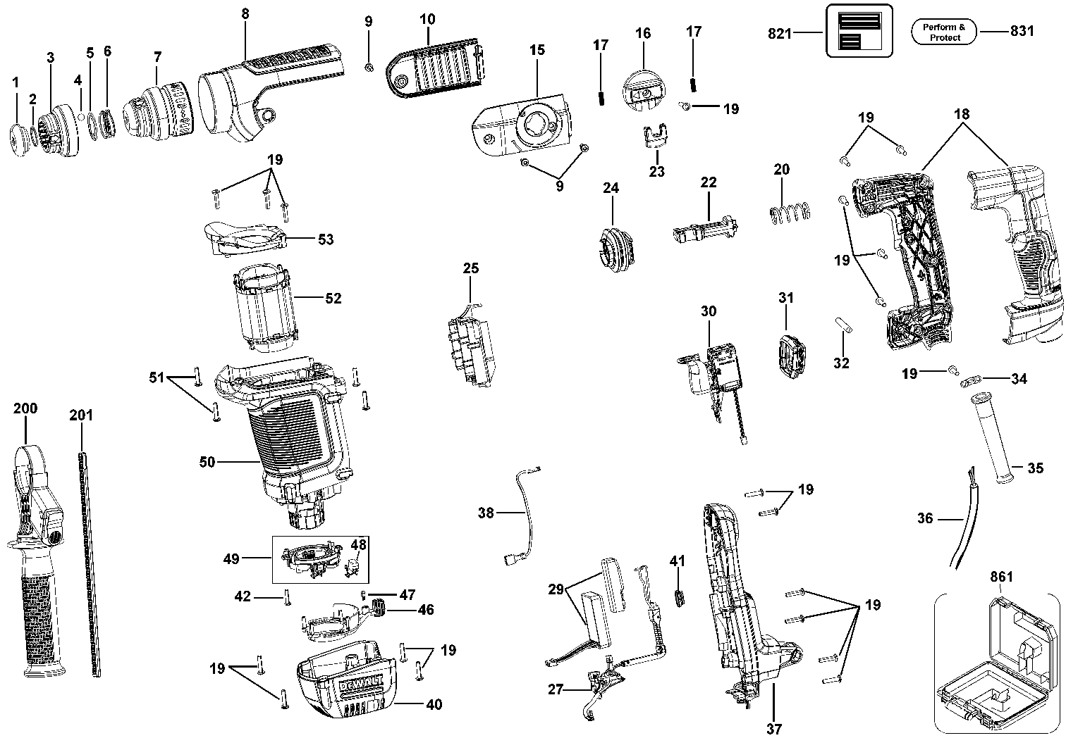 Default 2 Diagram and Parts List for D25415K Type 1 DeWALT Hammer