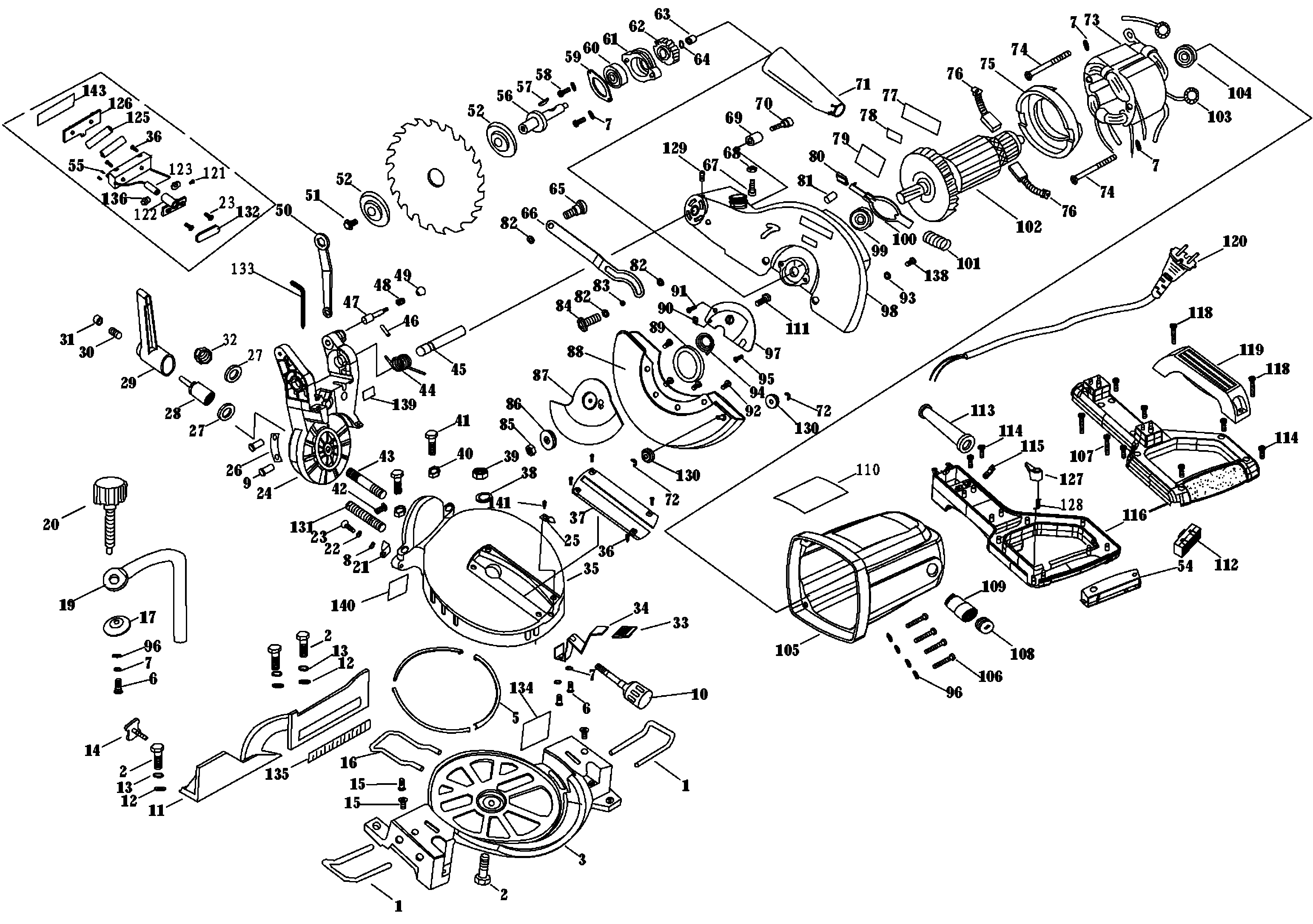 Default Diagram and Parts List for BDMS1800-BR Type 1 DeWALT Miter Saw