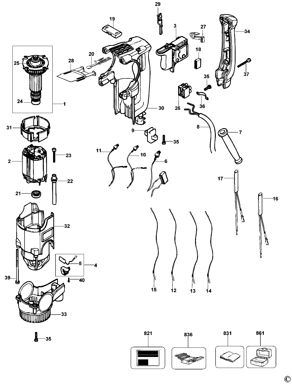 Default Diagram and Parts List for D25303KB2 Type 2 DeWALT Hammer
