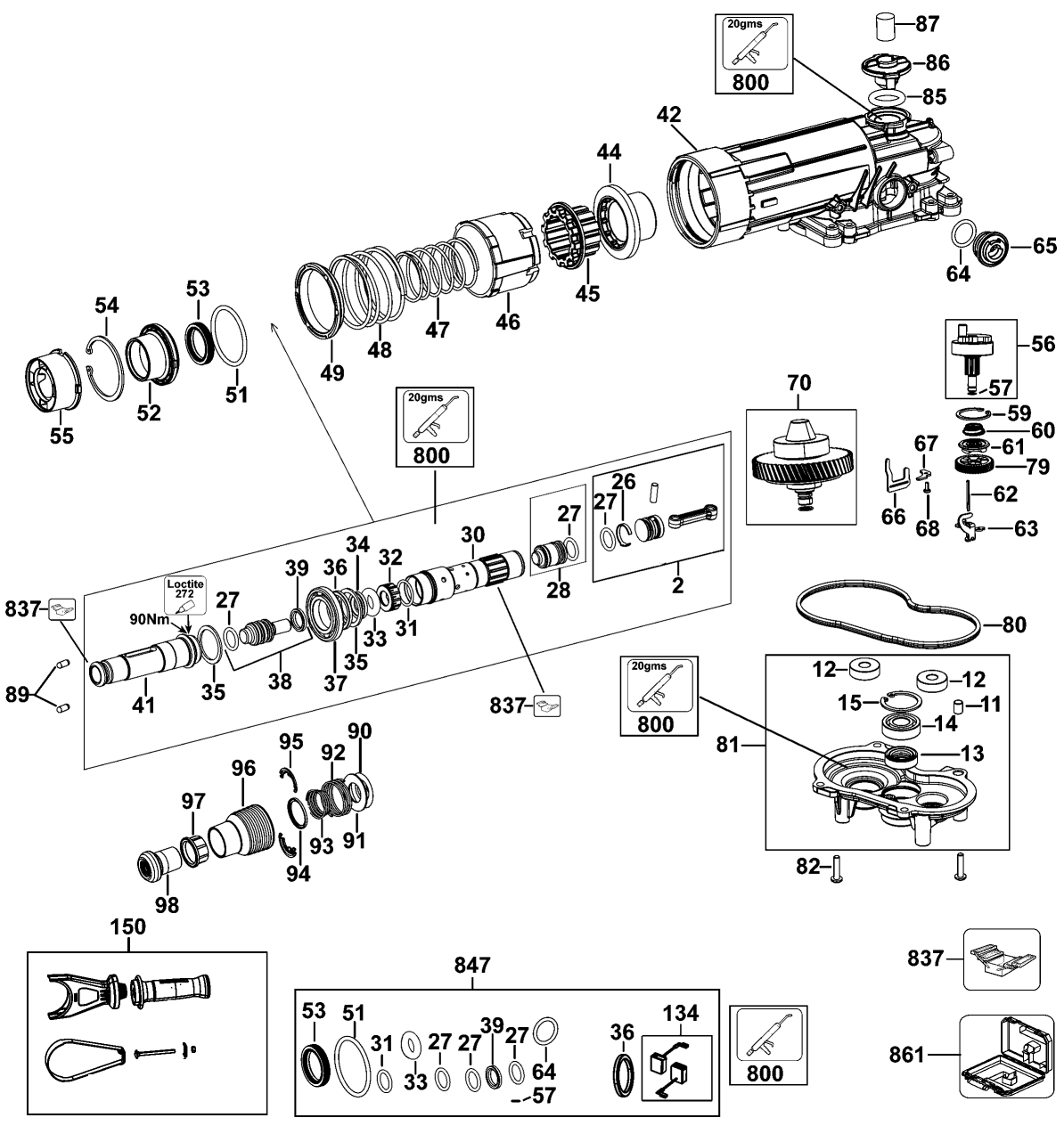 Gear Box Assembly Diagram and Parts List for DCH481B Type 1 DeWALT Electric Drill