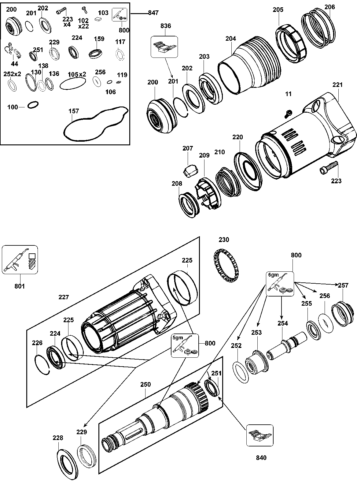 Default 3 Diagram and Parts List for D25890K Type 1 DeWALT Hammer