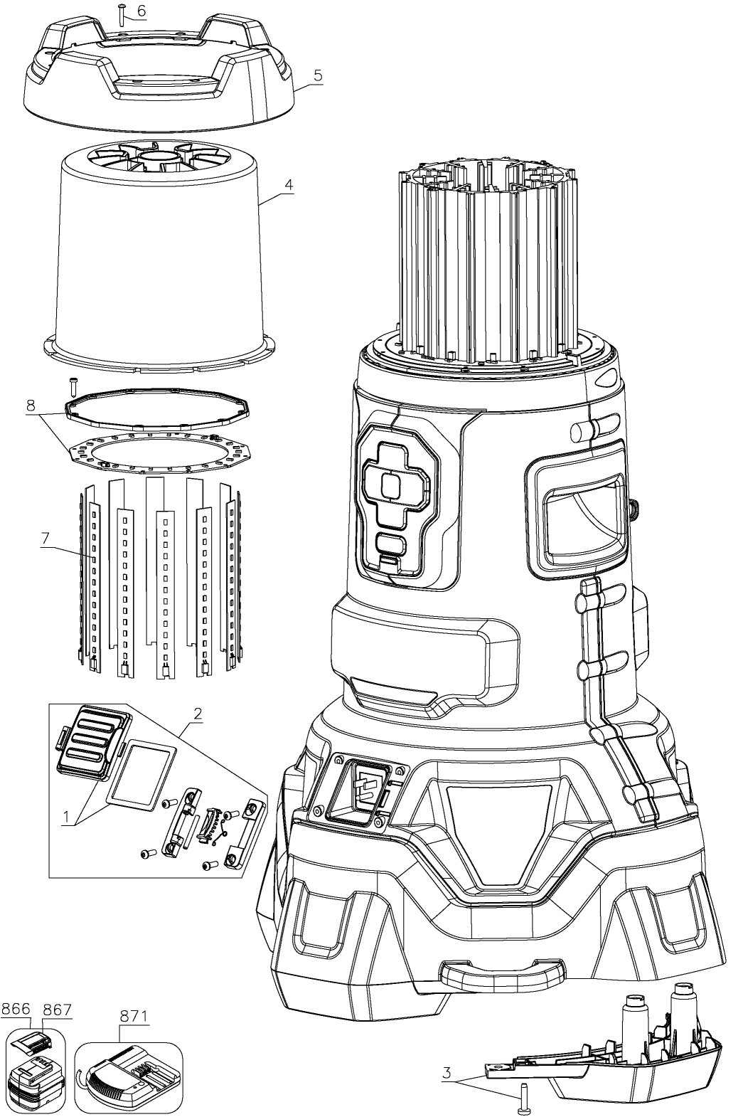 Default Diagram and Parts List for DCL070T1 Type 1 DeWALT Worklight & Flashlight