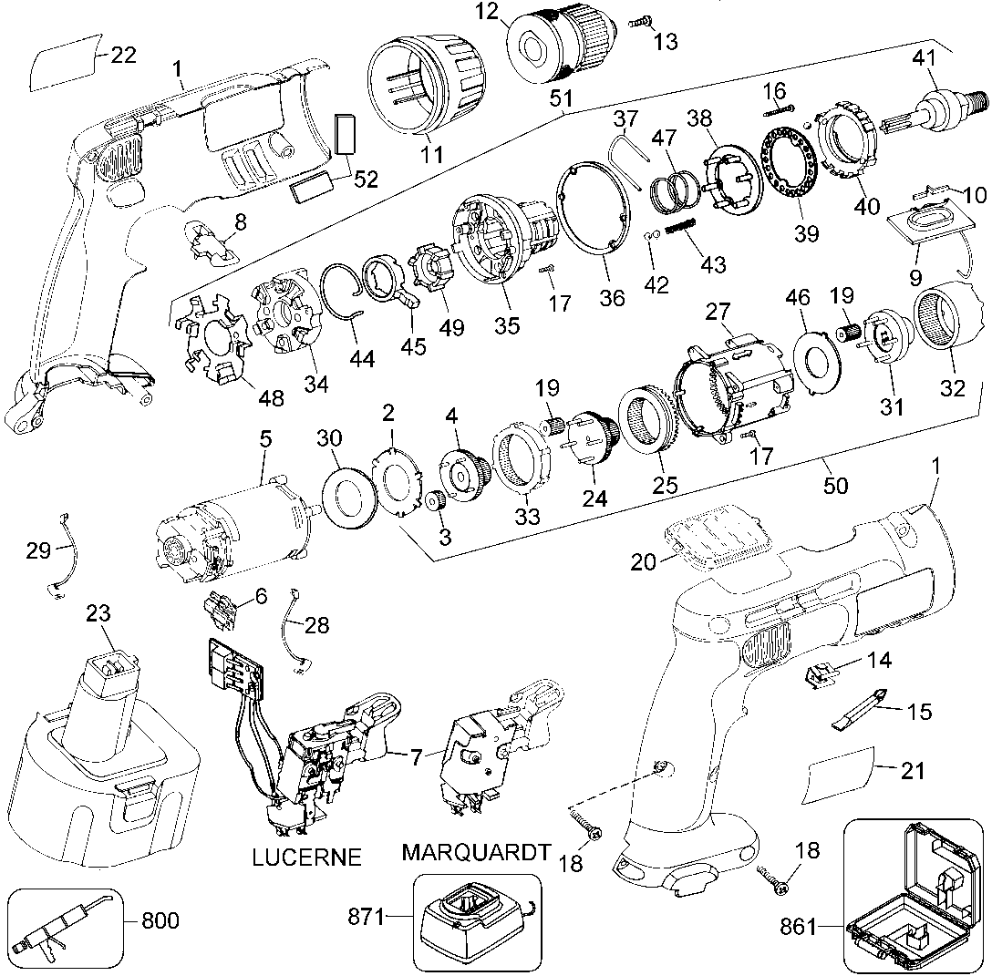 Default Diagram and Parts List for DW996K-2 Type 1 DeWALT Electric Drill