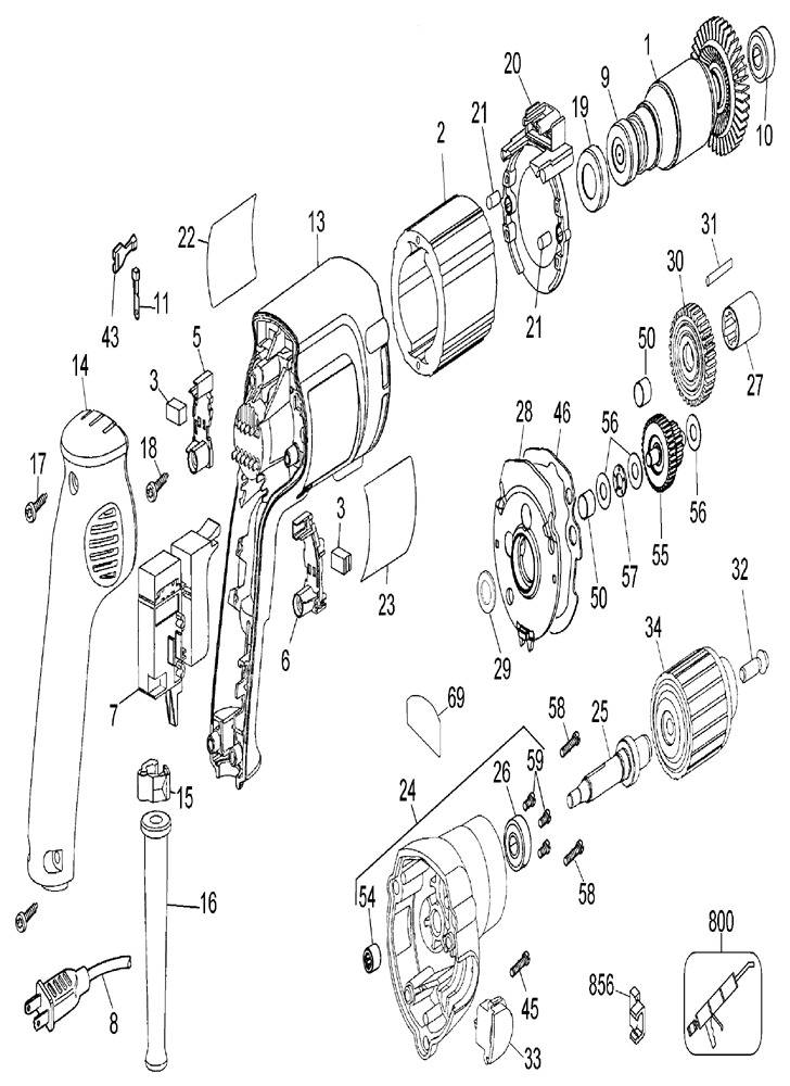Fig-0 Diagram and Parts List for DW222-1 Type-1 DeWALT Drill