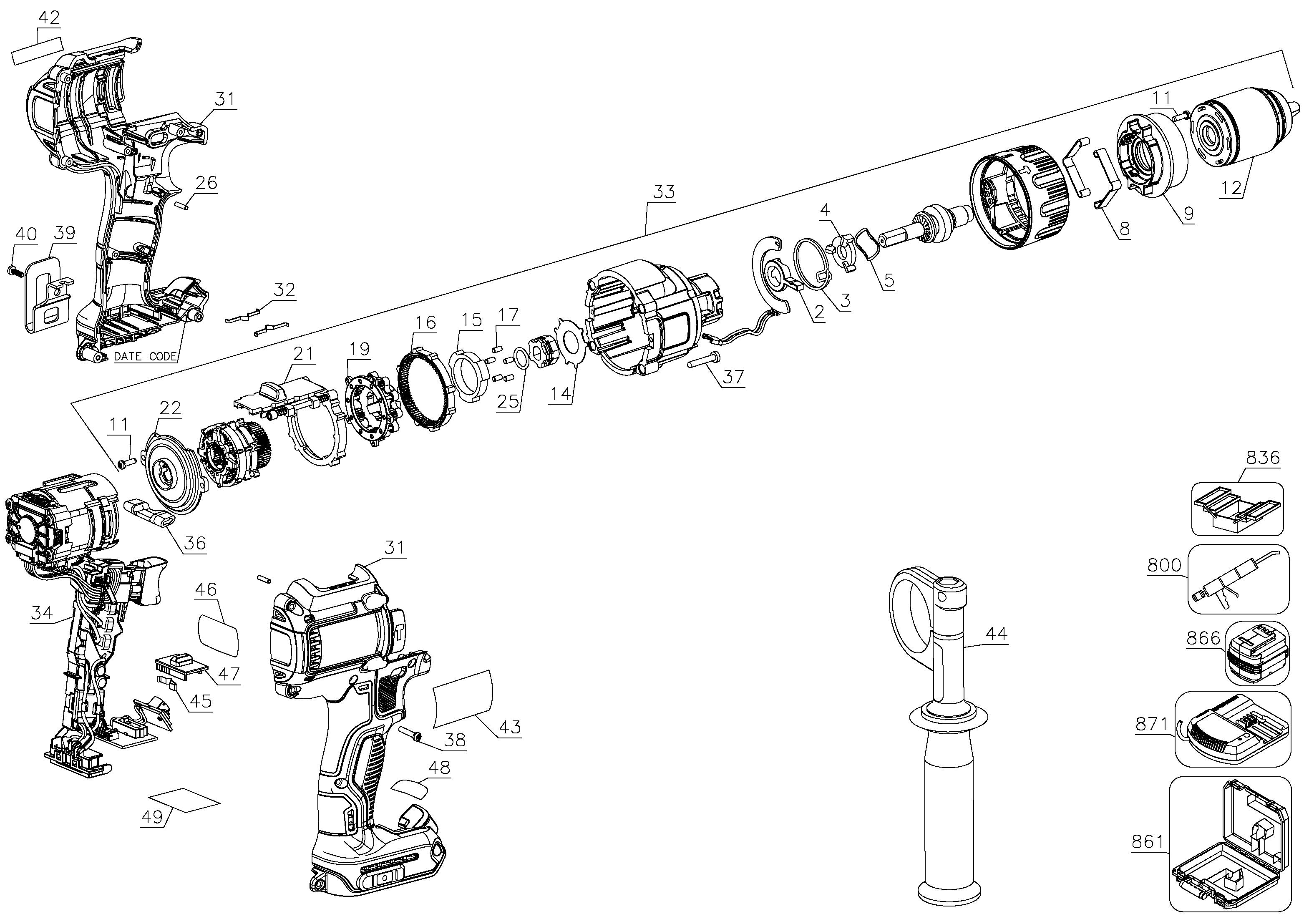 Default Diagram and Parts List for DCD996B Type 1 DeWALT Drill