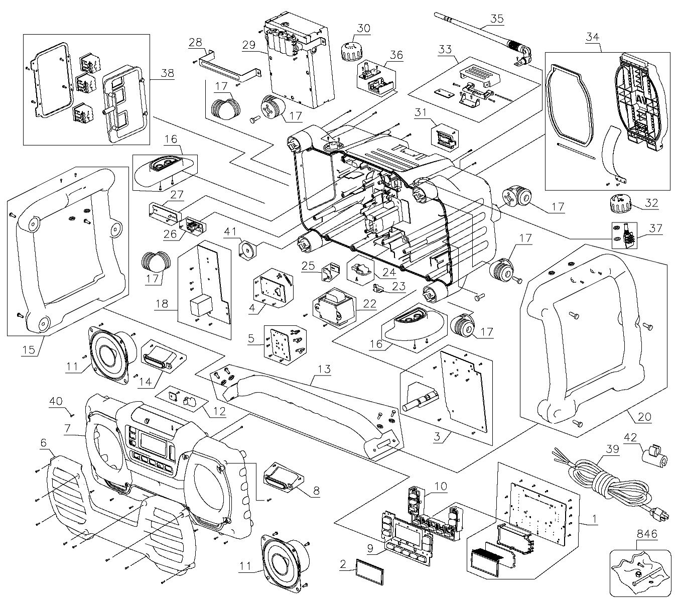 Default Diagram and Parts List for DC012-CL Type 1 DeWALT Radio
