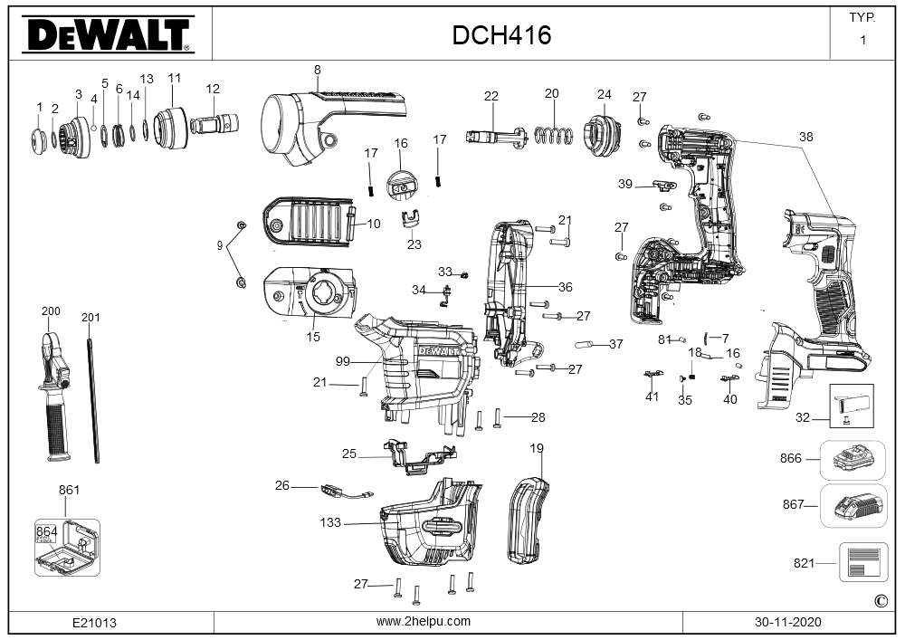 Exploded Diagram B Diagram and Parts List for DCH416B Type 1 DeWALT Hammer Drill
