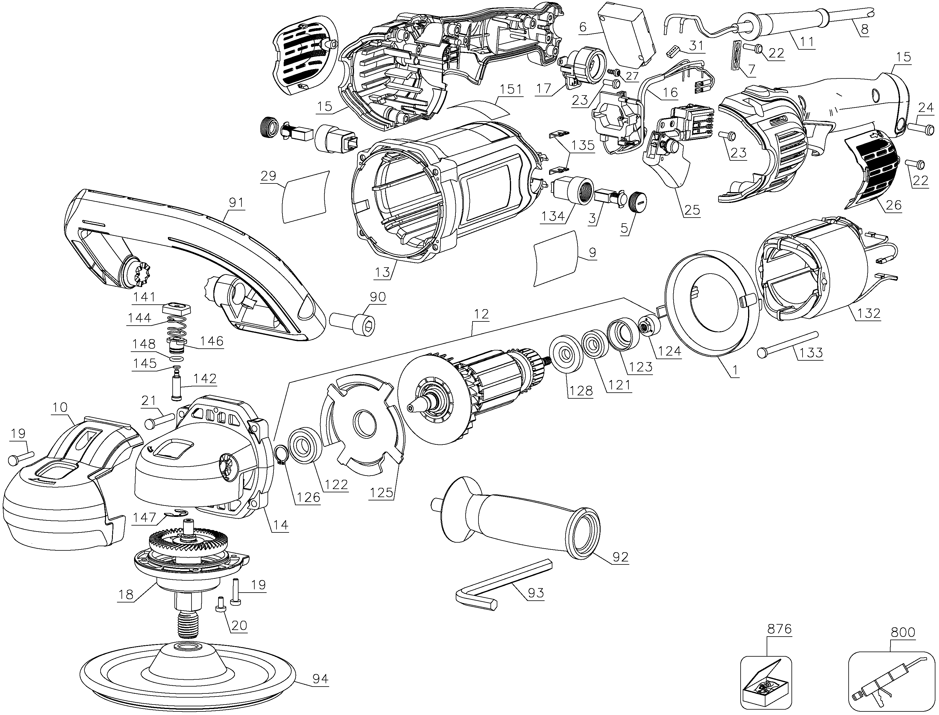Default Diagram and Parts List for DWP849X-B2 Type 1 DeWALT Sander Polisher