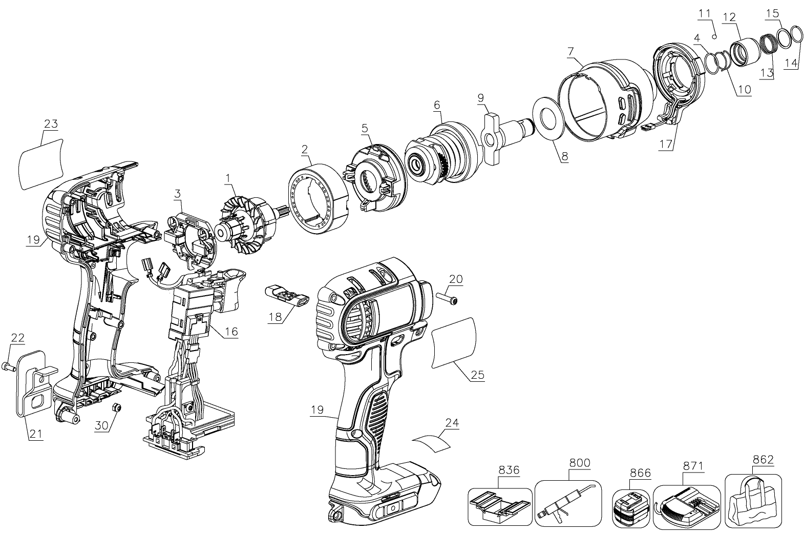 Default Diagram and Parts List for DCF885L1 Type 5 DeWALT Electric Drill