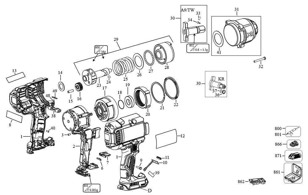 Diagram Diagram and Parts List for DCF899B-B3 Type-4 DeWALT Wrench