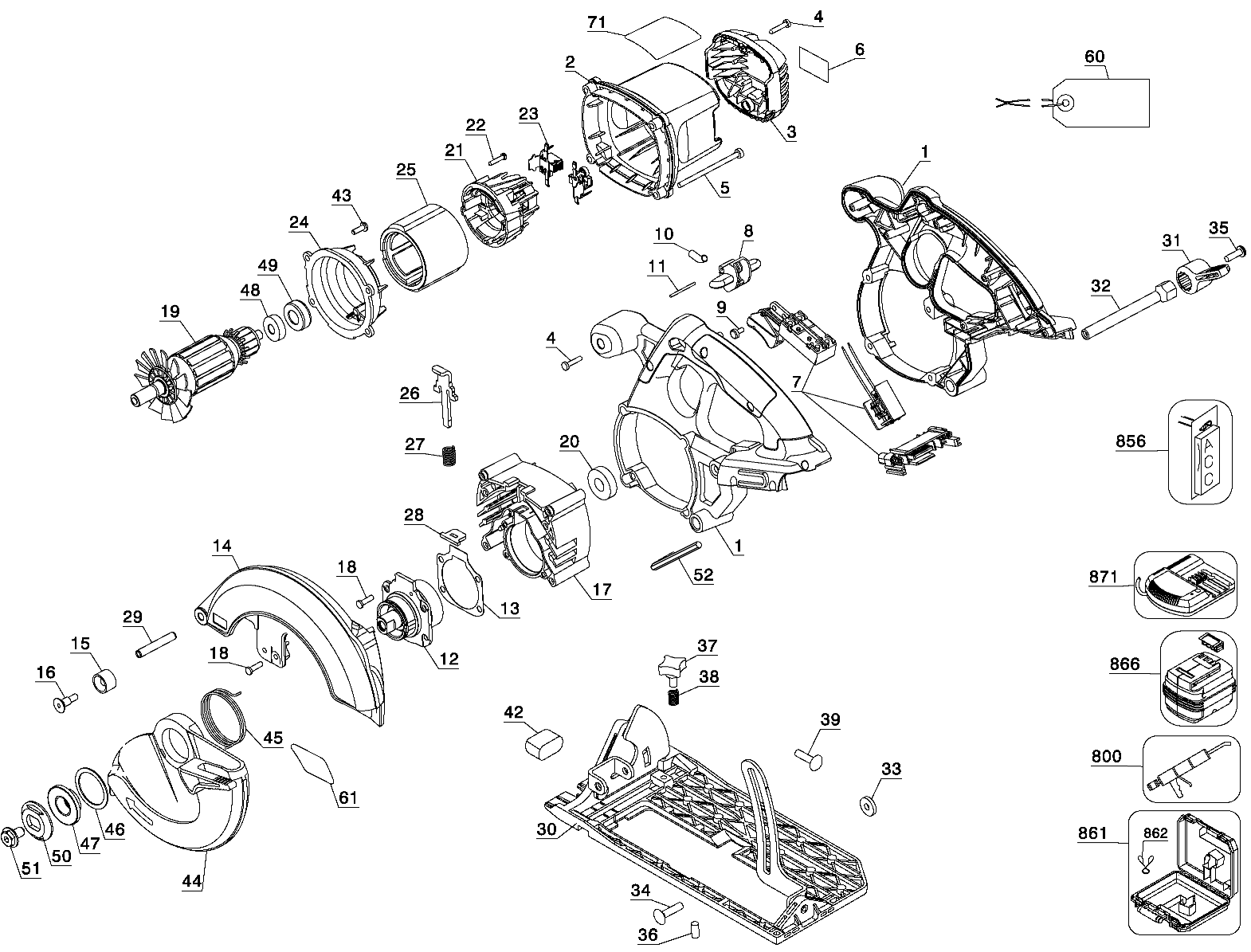 Default Diagram and Parts List for DC310K Type 1 DeWALT Circular Saw