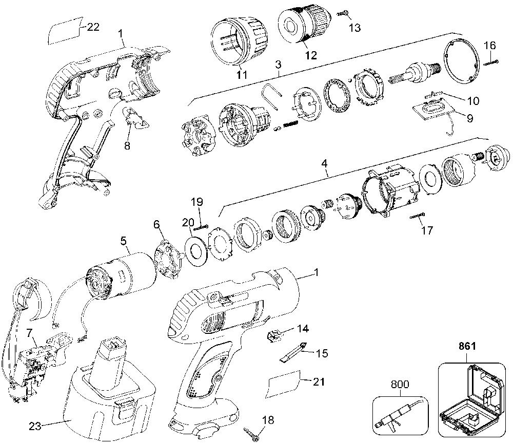 Exploded Diagram A Diagram and Parts List for DW952K-AU Type 1 DeWALT Cordless Drill