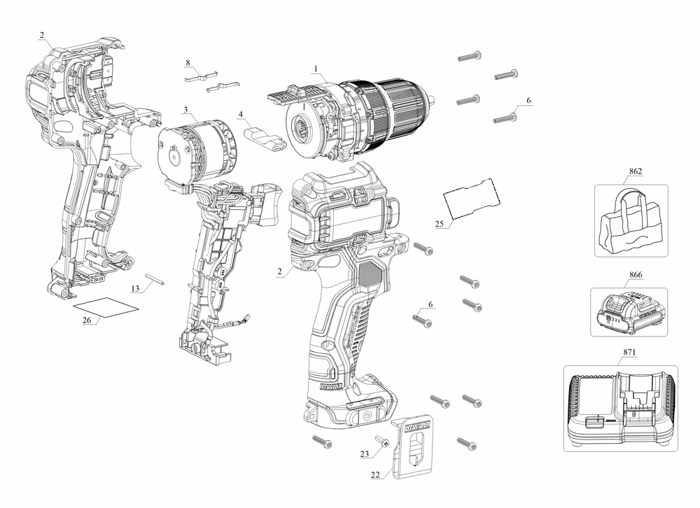 Section 1 Diagram and Parts List for DCD706BR Type 10 DeWALT Hammer Drill