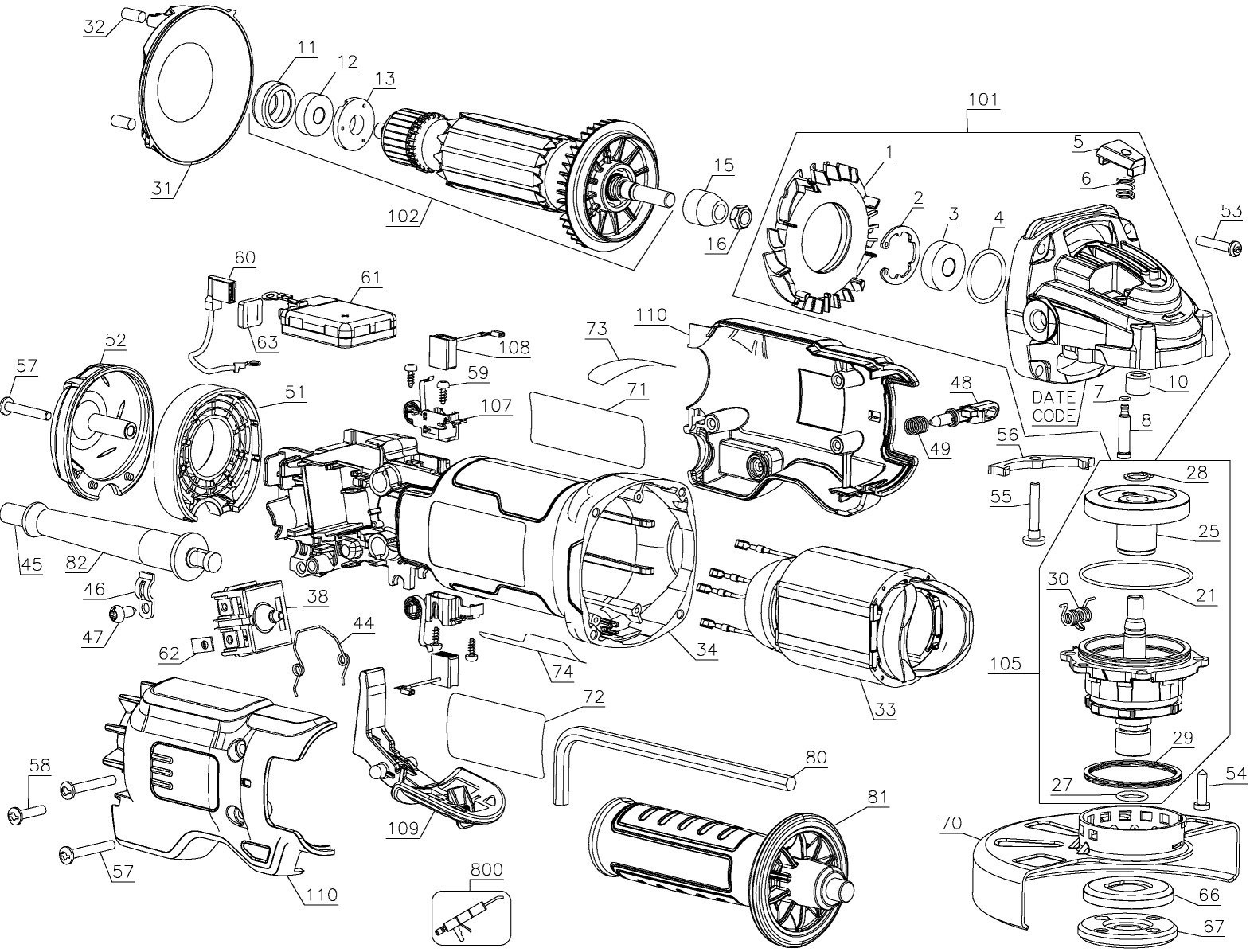 Default Diagram and Parts List for DWE43114 Type 1 DeWALT Grinder