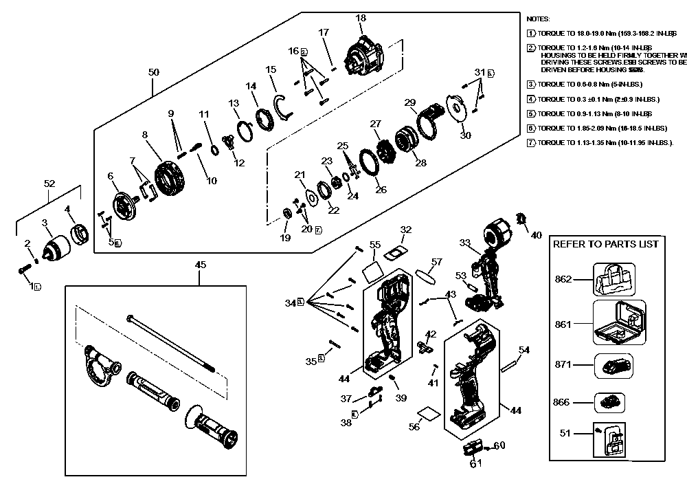 Section 1 Diagram and Parts List for DCD1007B Type 1 DeWALT Drill
