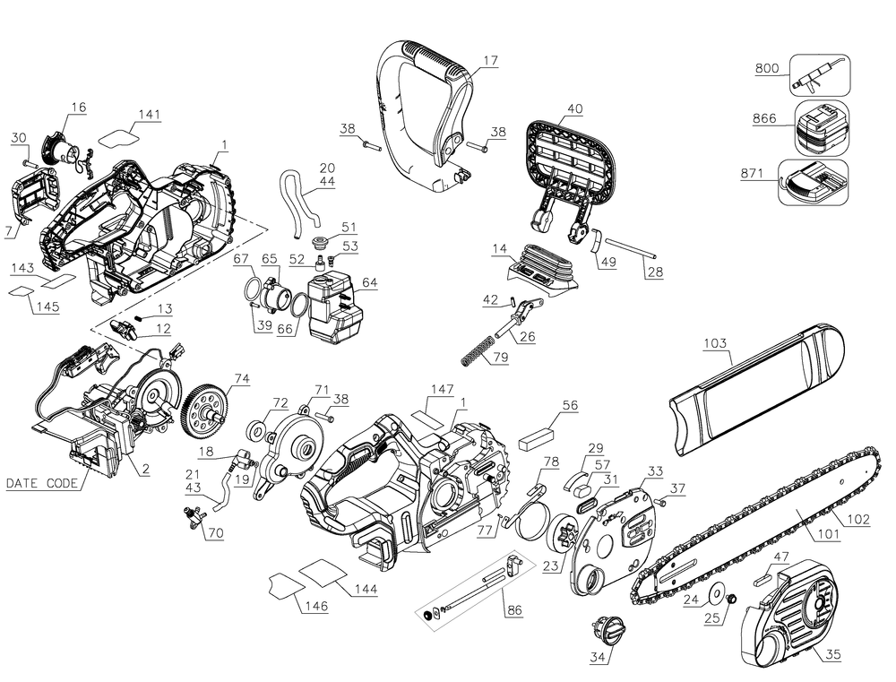 Diagram Diagram and Parts List for DCCS620P1R Type 3 DeWALT Chainsaw