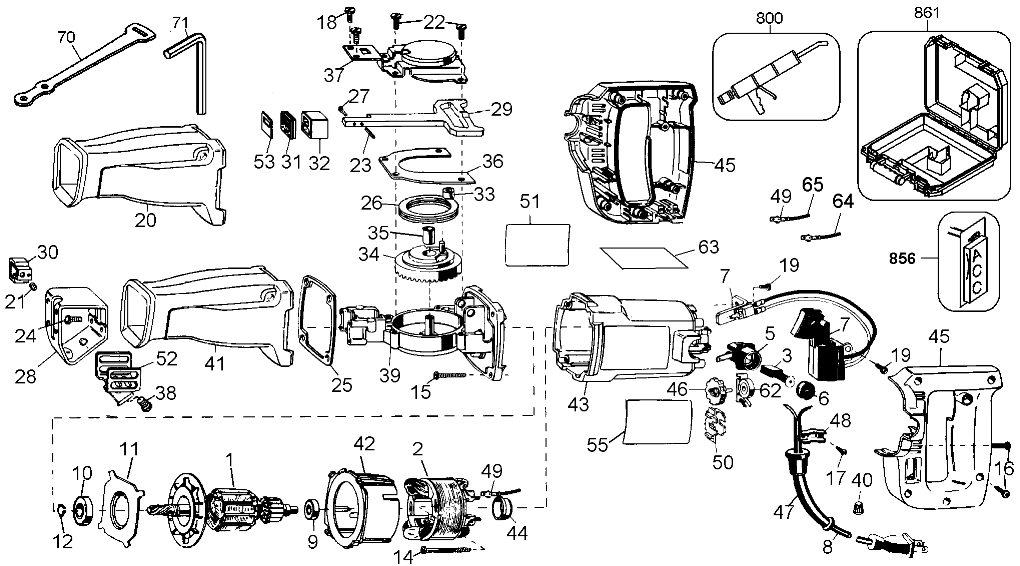Default Diagram and Parts List for DW306K220 Type 2 DeWALT Reciprocating Saw
