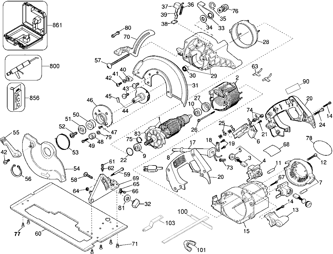 Default Diagram and Parts List for DW362K Type 2 DeWALT Circular Saw