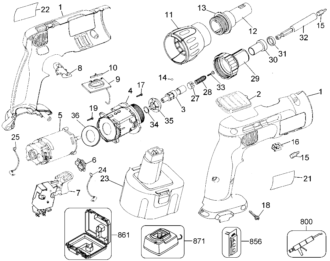 Default Diagram and Parts List for DW979K2-BR Type 1 DeWALT Screwdriver