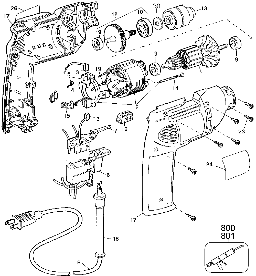 Exploded Diagram A Diagram and Parts List for D106-04 Type 1 DeWALT Drill