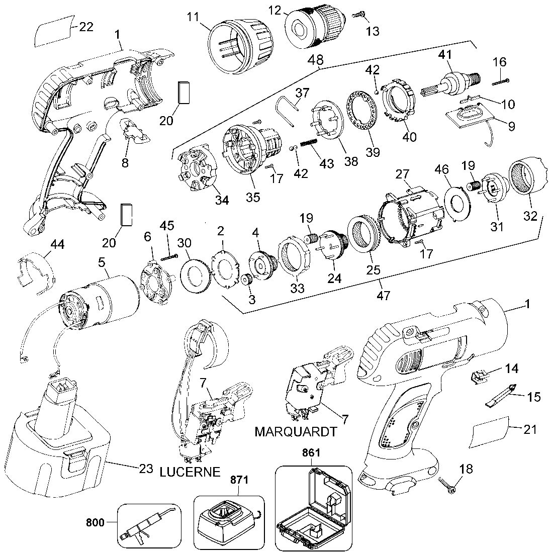 Default Diagram and Parts List for DW952K Type 1 DeWALT Electric Drill