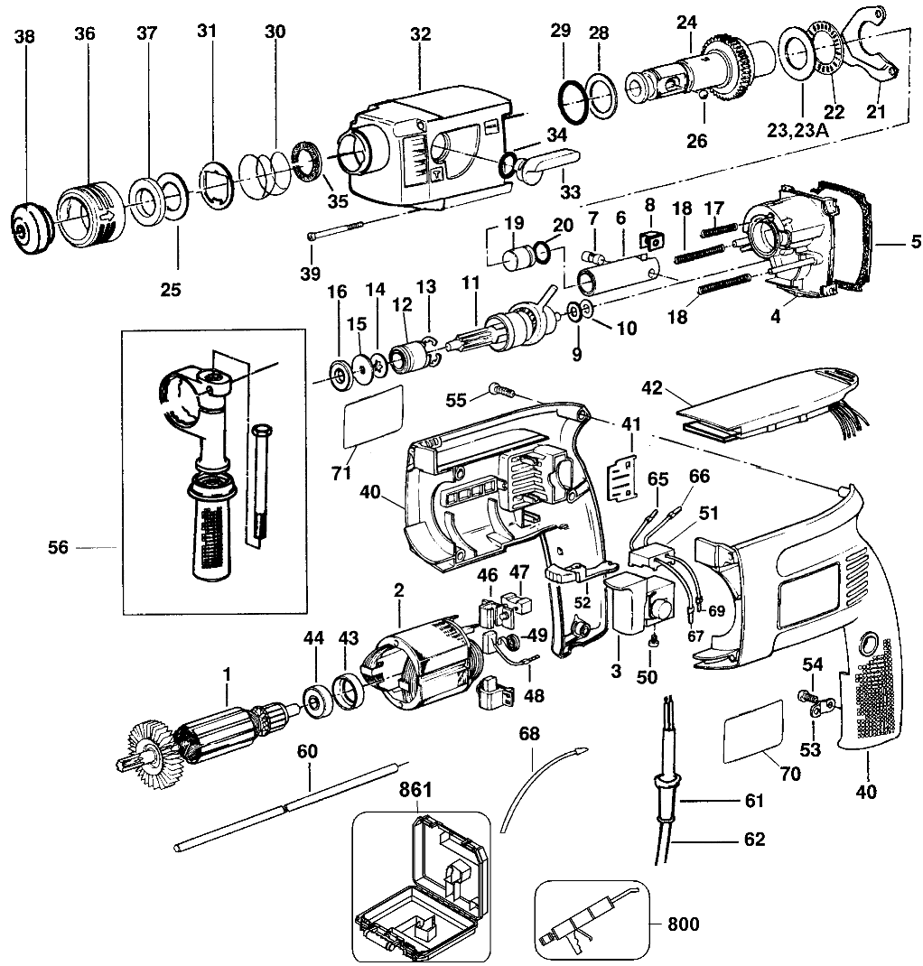 Default Diagram and Parts List for DW523K Type 100 DeWALT Hammer