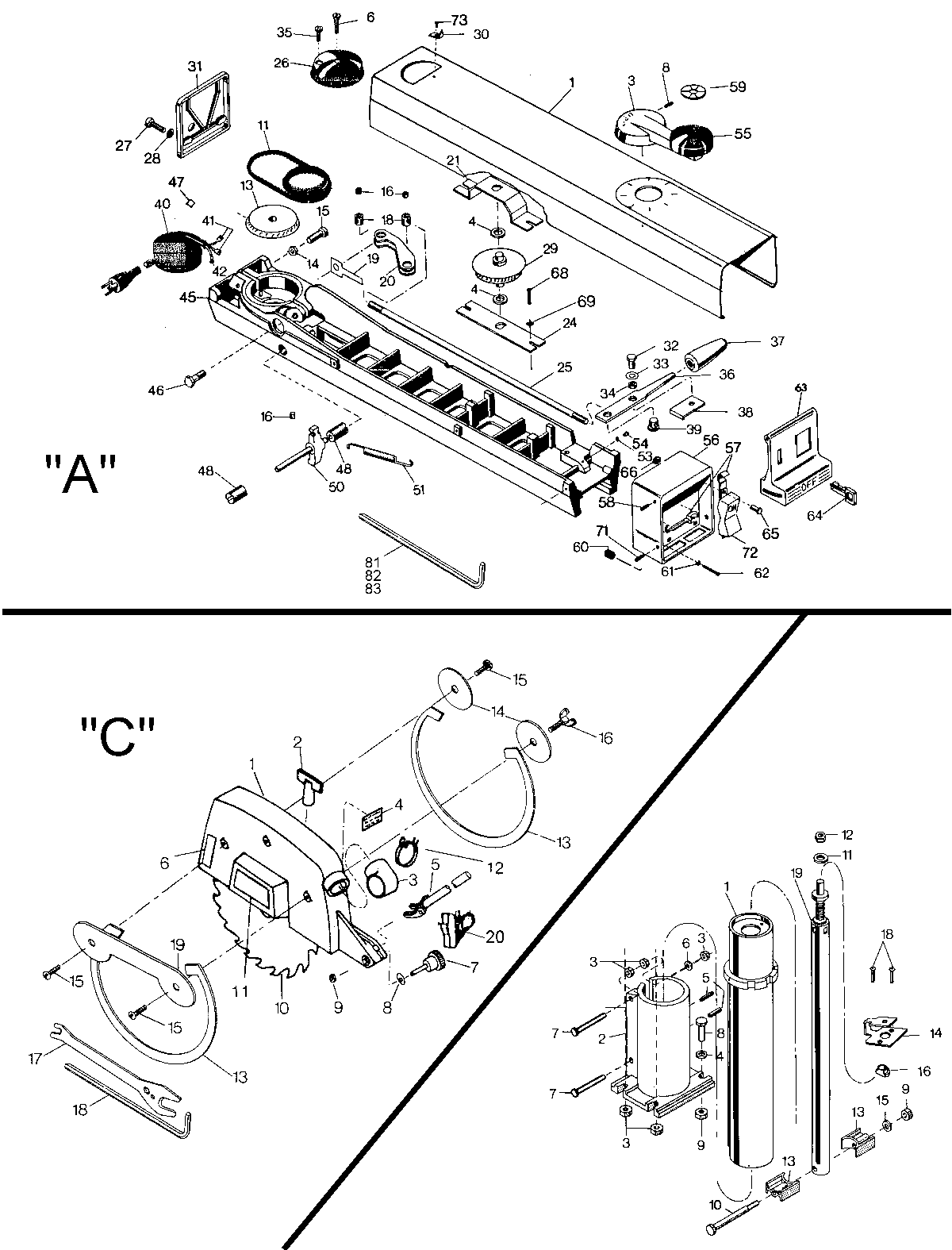 Default Diagram and Parts List for B7744 Type 1 DeWALT Table Saw
