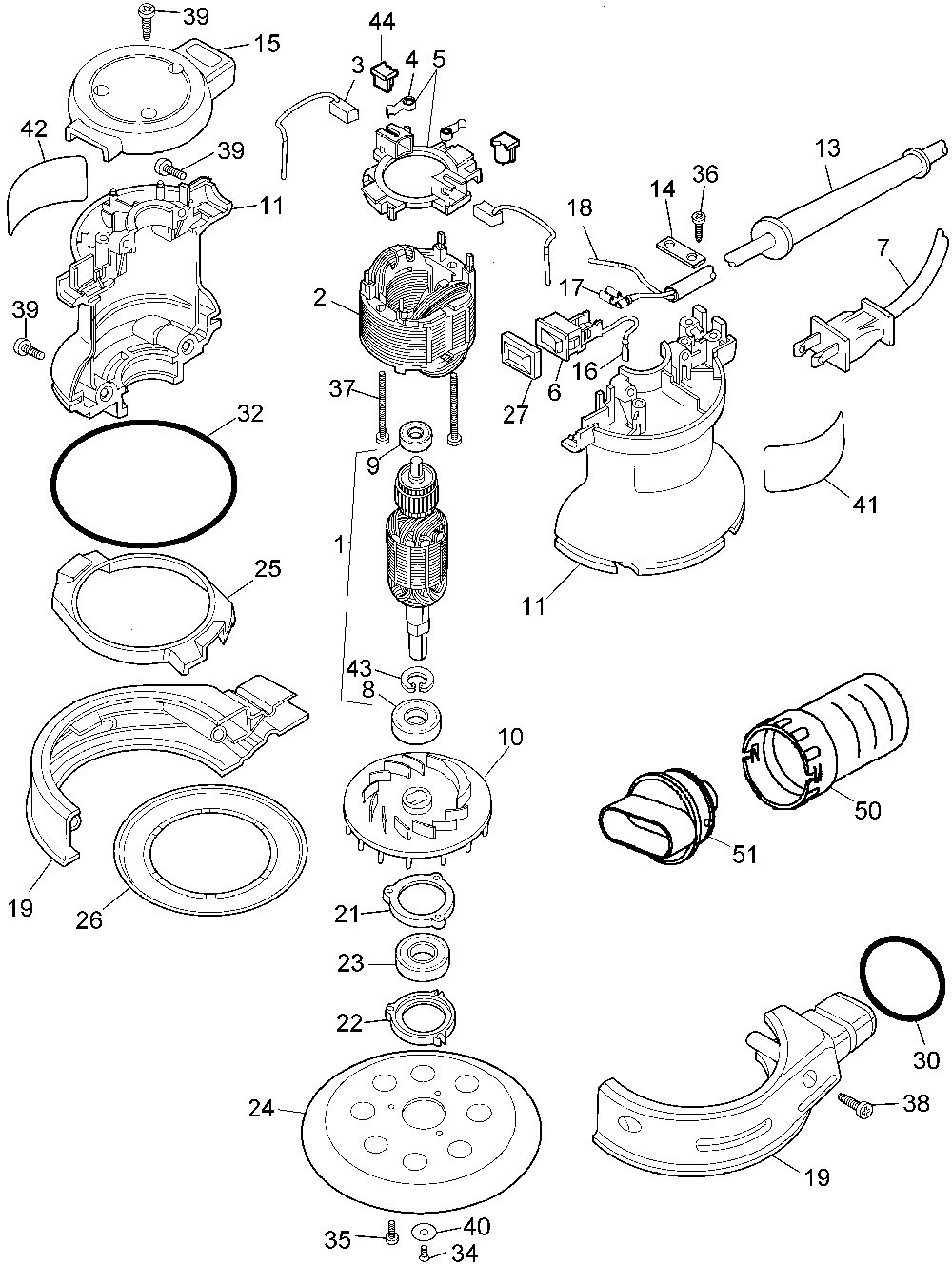 Exploded Diagram A Diagram and Parts List for 25707 Type 1 DeWALT Orbital or Palm Sander