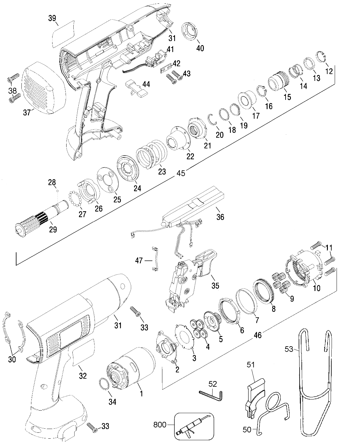 Default Diagram and Parts List for DW900-B3 Type 1 DeWALT Hammer Drill