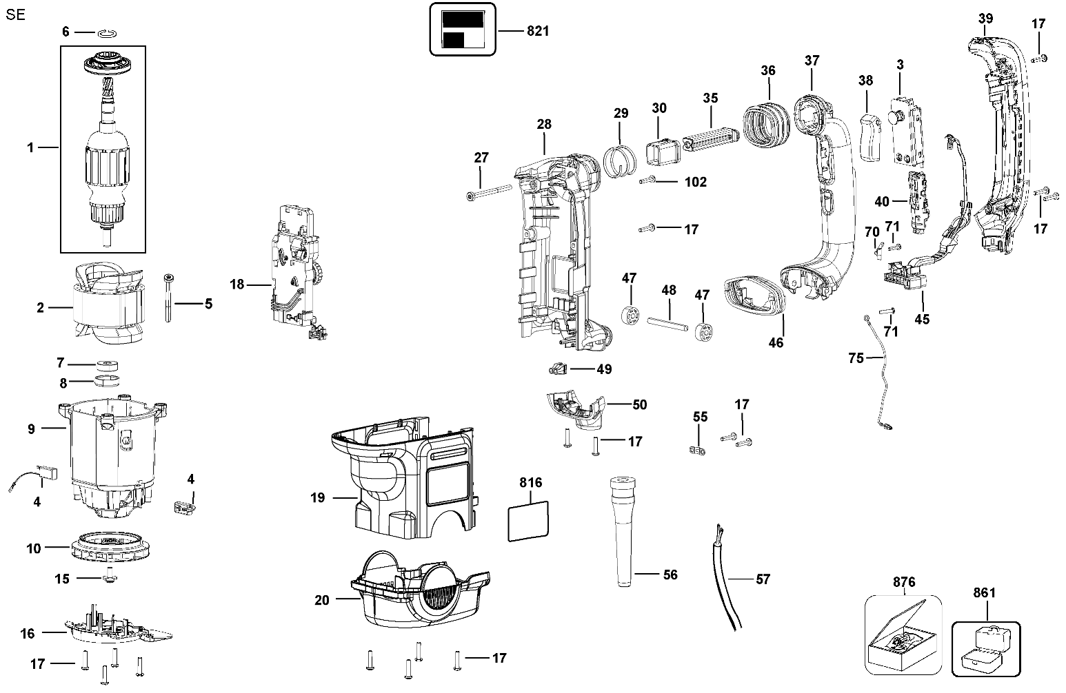 MOTOR Diagram and Parts List for D25761K Type 1 DeWALT Hammer