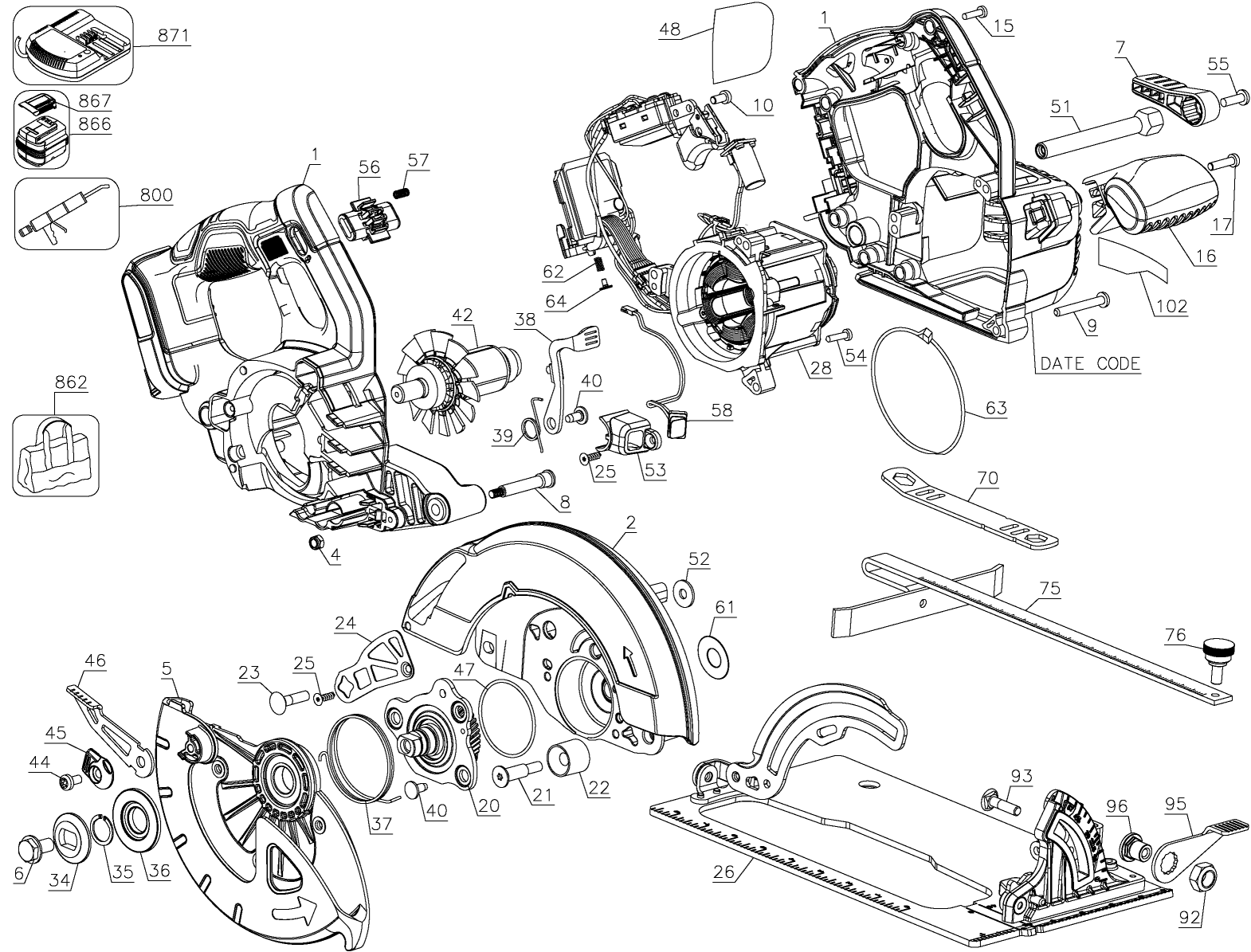 Default Diagram and Parts List for DCS575T2-AR Type 1 DeWALT Circular Saw