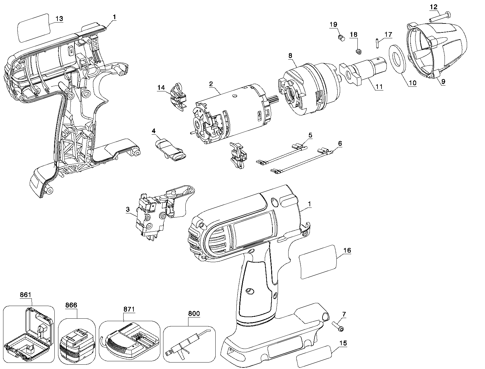 Default Diagram and Parts List for DC810KL Type 1 DeWALT Wrench