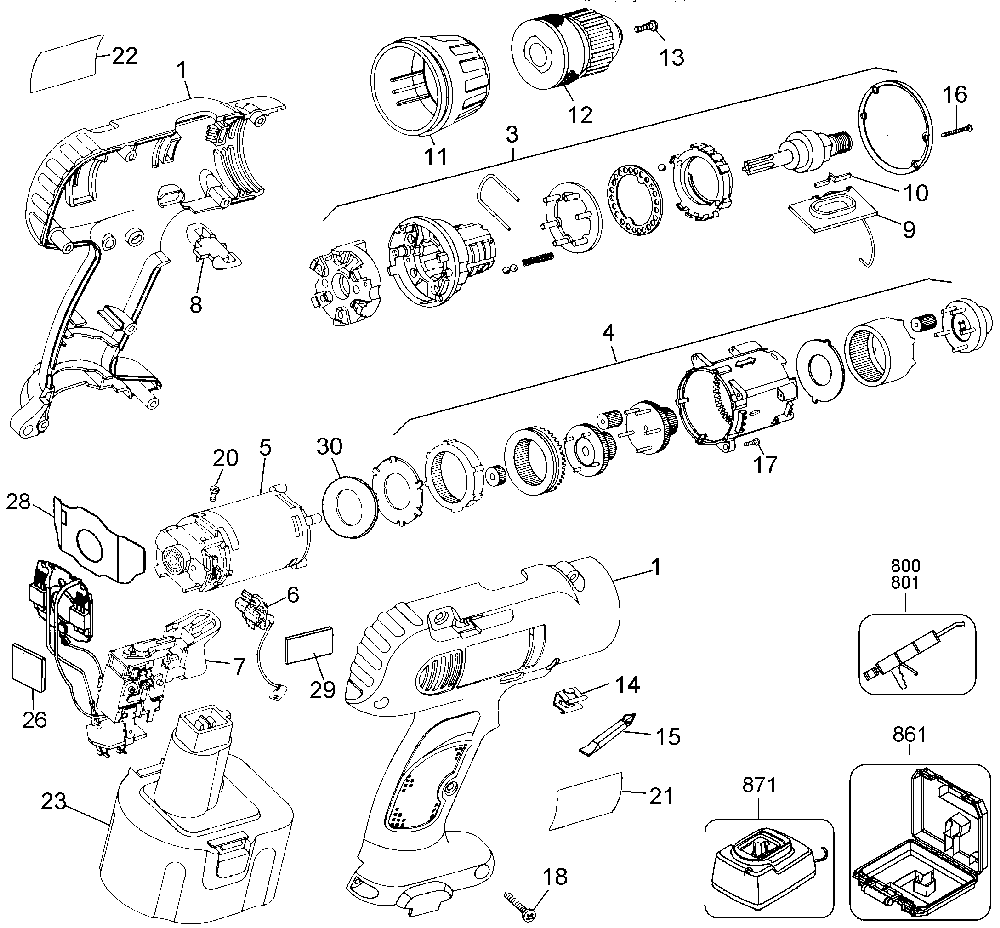 Exploded Diagram A Diagram and Parts List for D962K2-04 Type 1 DeWALT Cordless Drill