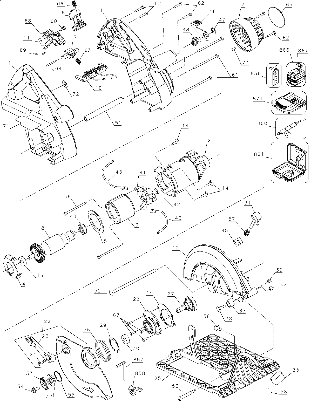 Default Diagram and Parts List for DW007K Type 1 DeWALT Circular Saw