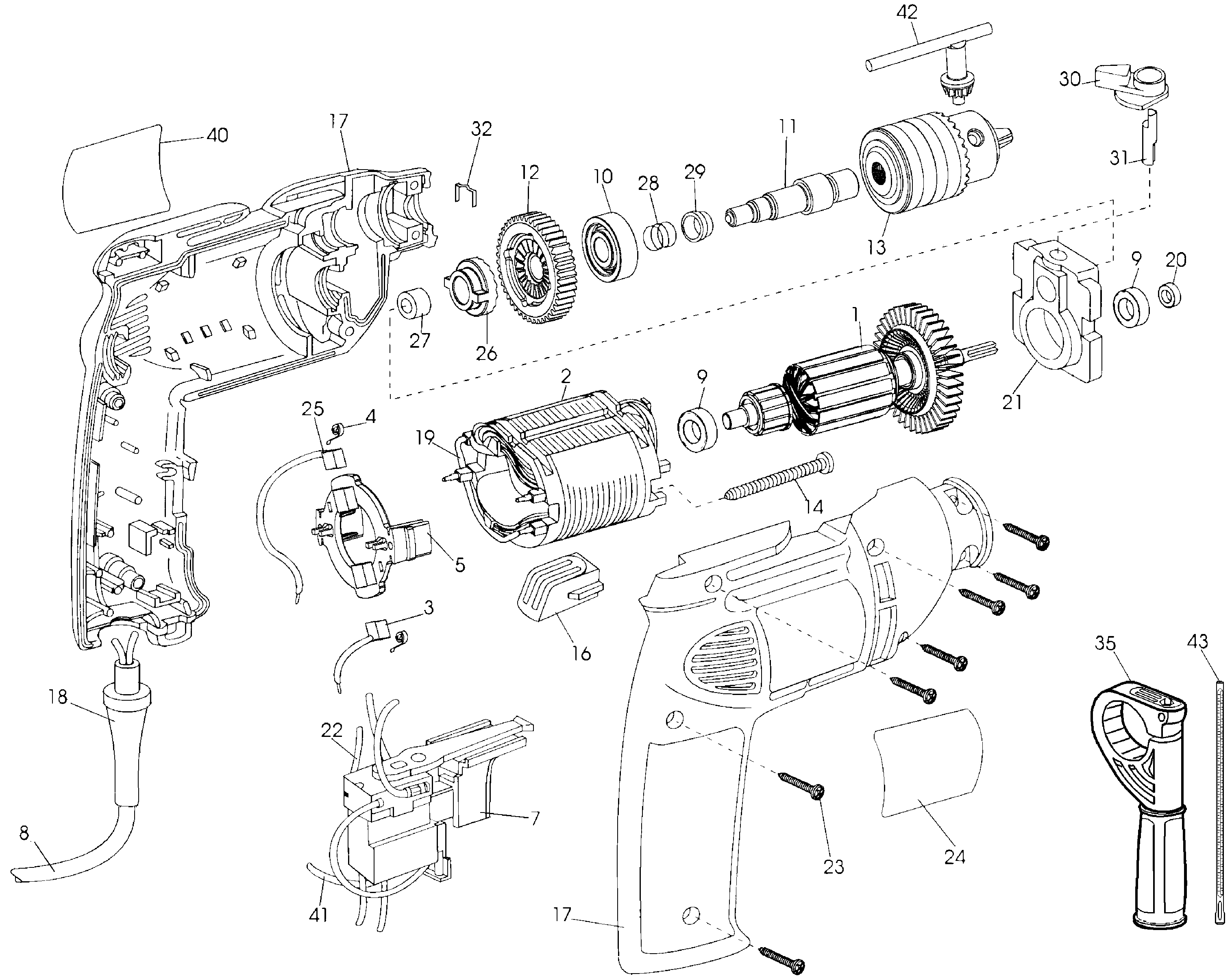 Default Diagram and Parts List for DW504-B3 Type 1 DeWALT Boring Machine