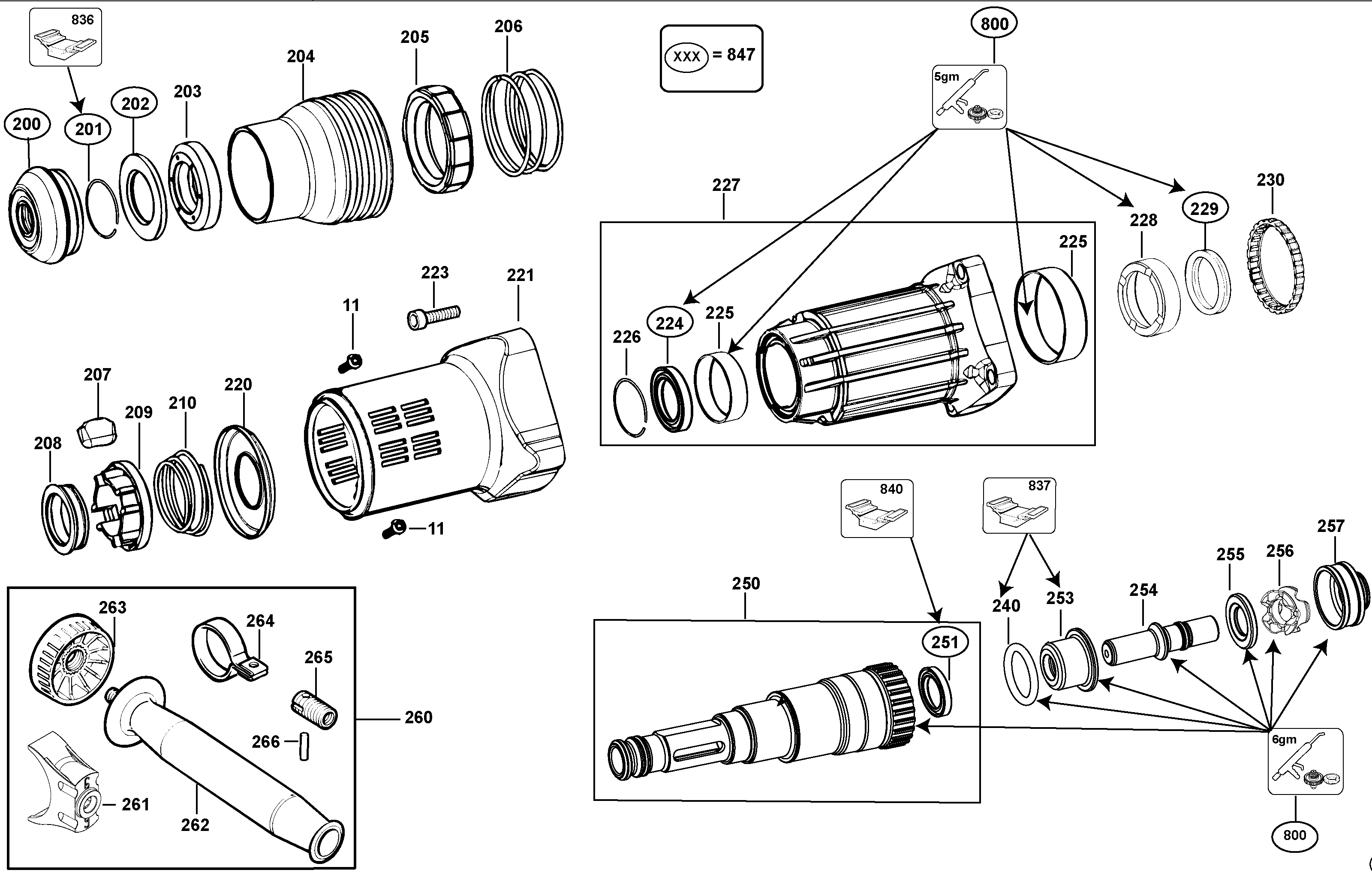 tool holder Diagram and Parts List for D25762K-B2 Type 1 DeWALT Hammer