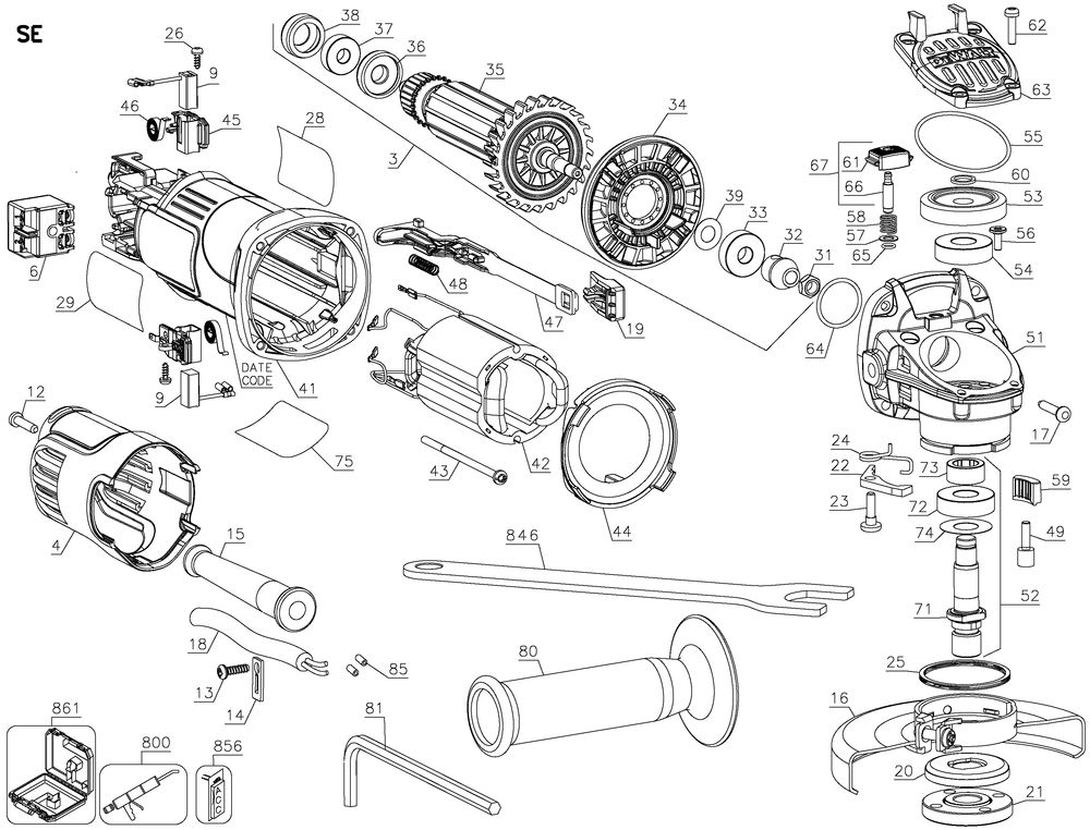 Exploded Diagram A Diagram and Parts List for DWE4011KCCT Type 1 DeWALT Angle Grinder