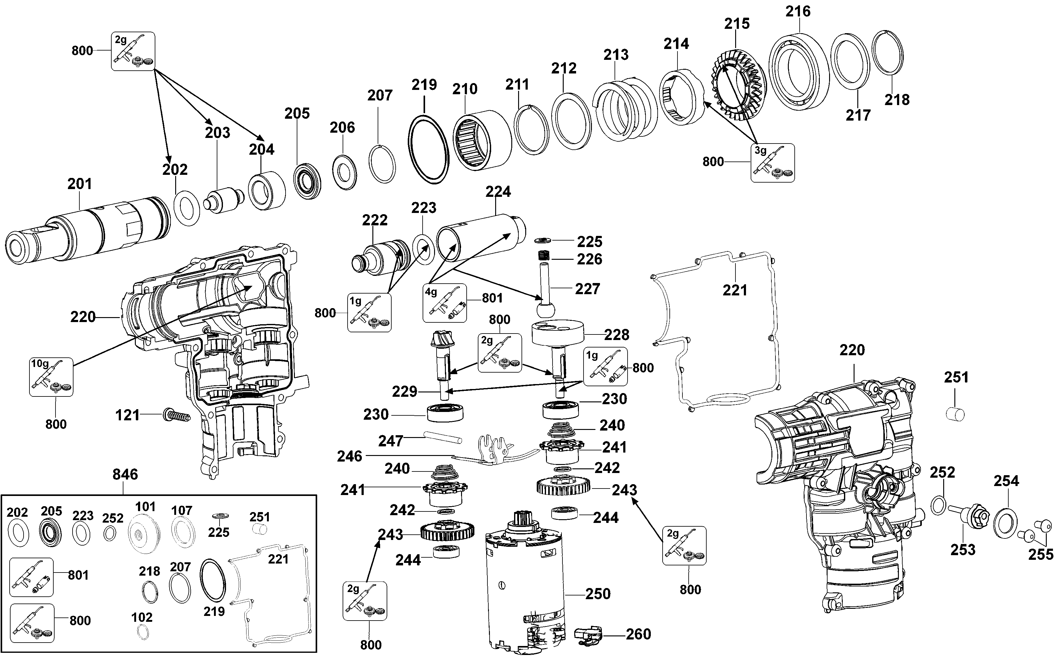 Default 2 Diagram and Parts List for DC213KB-AR Type 1 DeWALT Hammer
