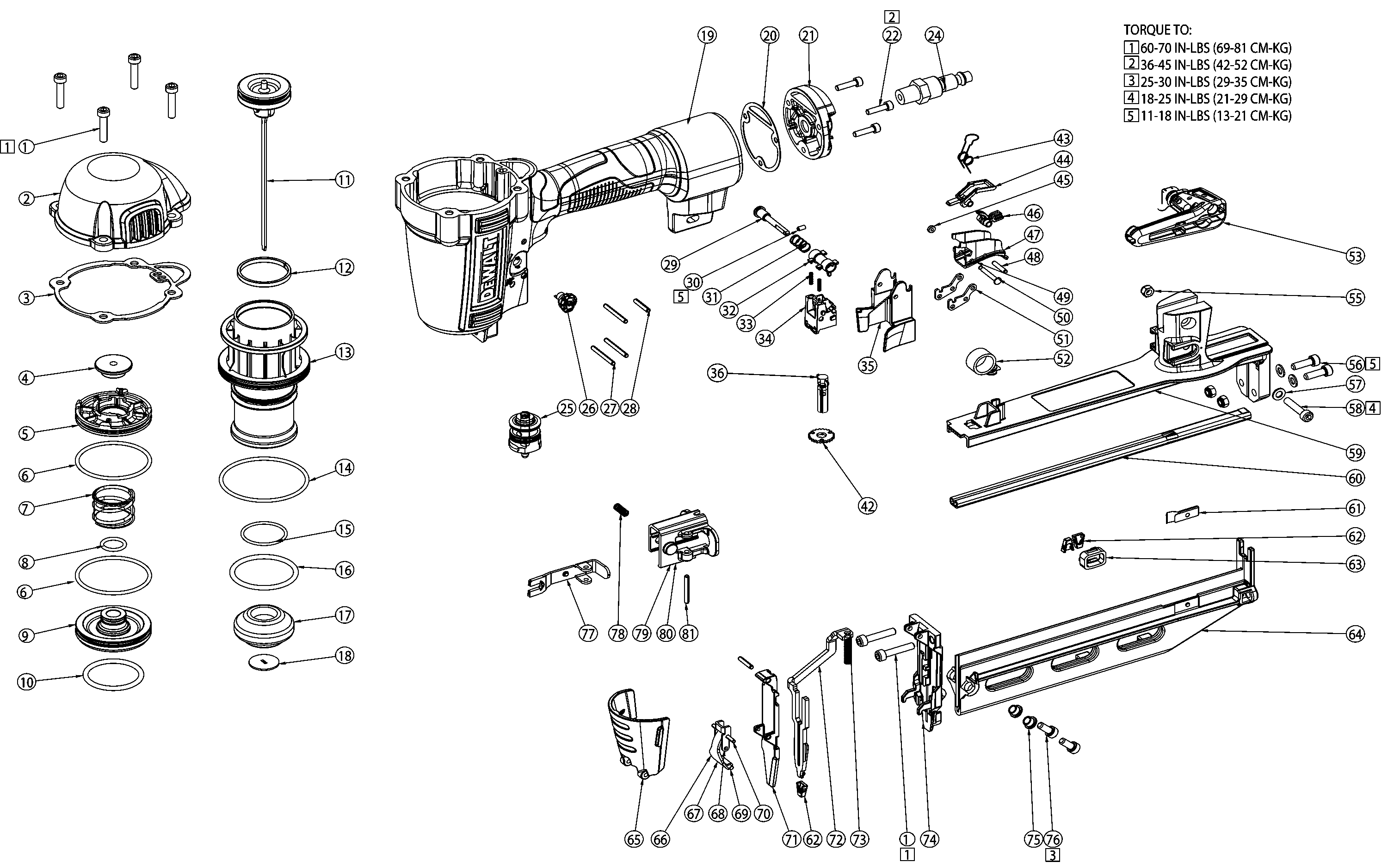 Default Diagram and Parts List for DWFP71917 Type 1 DeWALT Nailer
