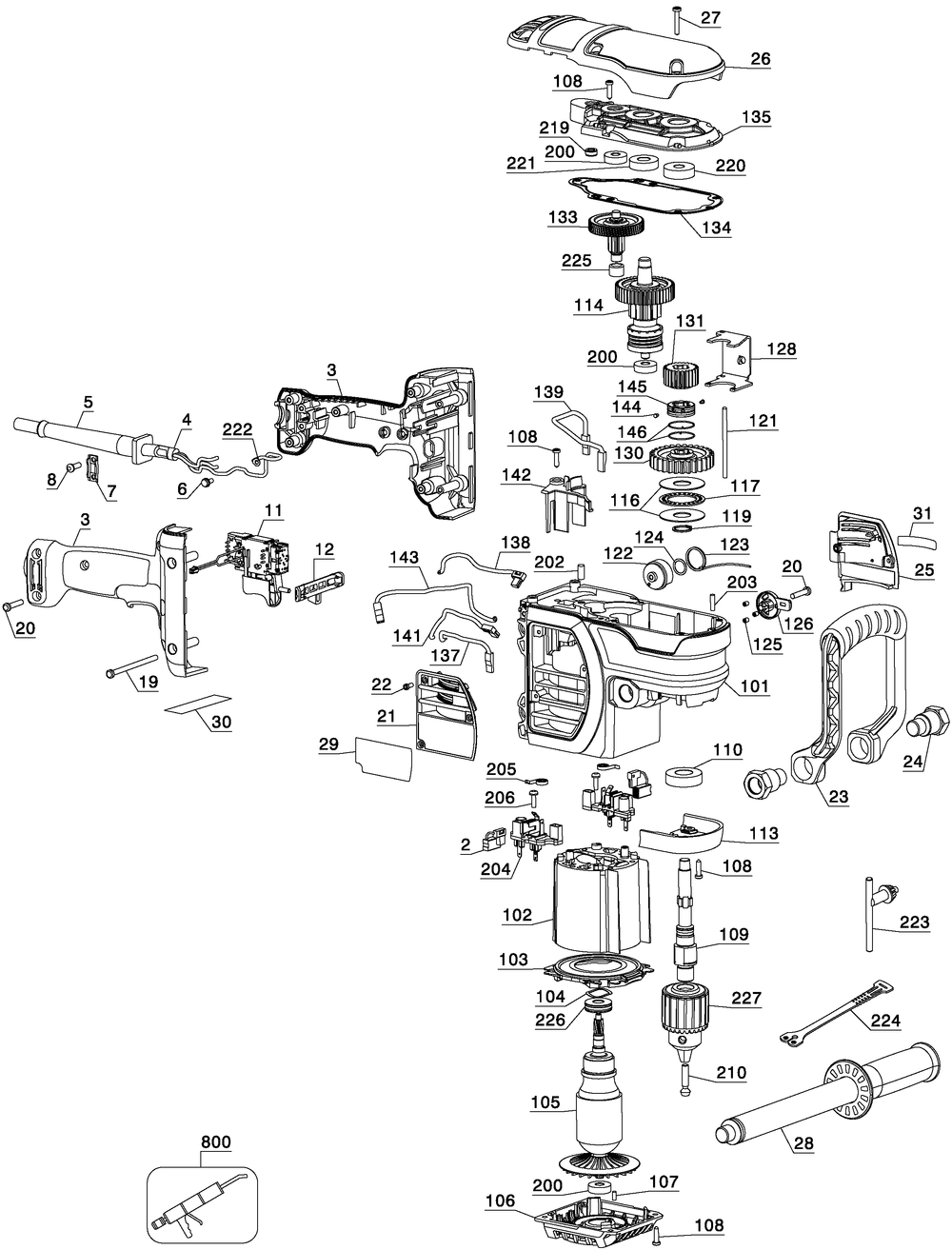 Section 1 Diagram and Parts List for DWD450R Type 2 DeWALT Drill