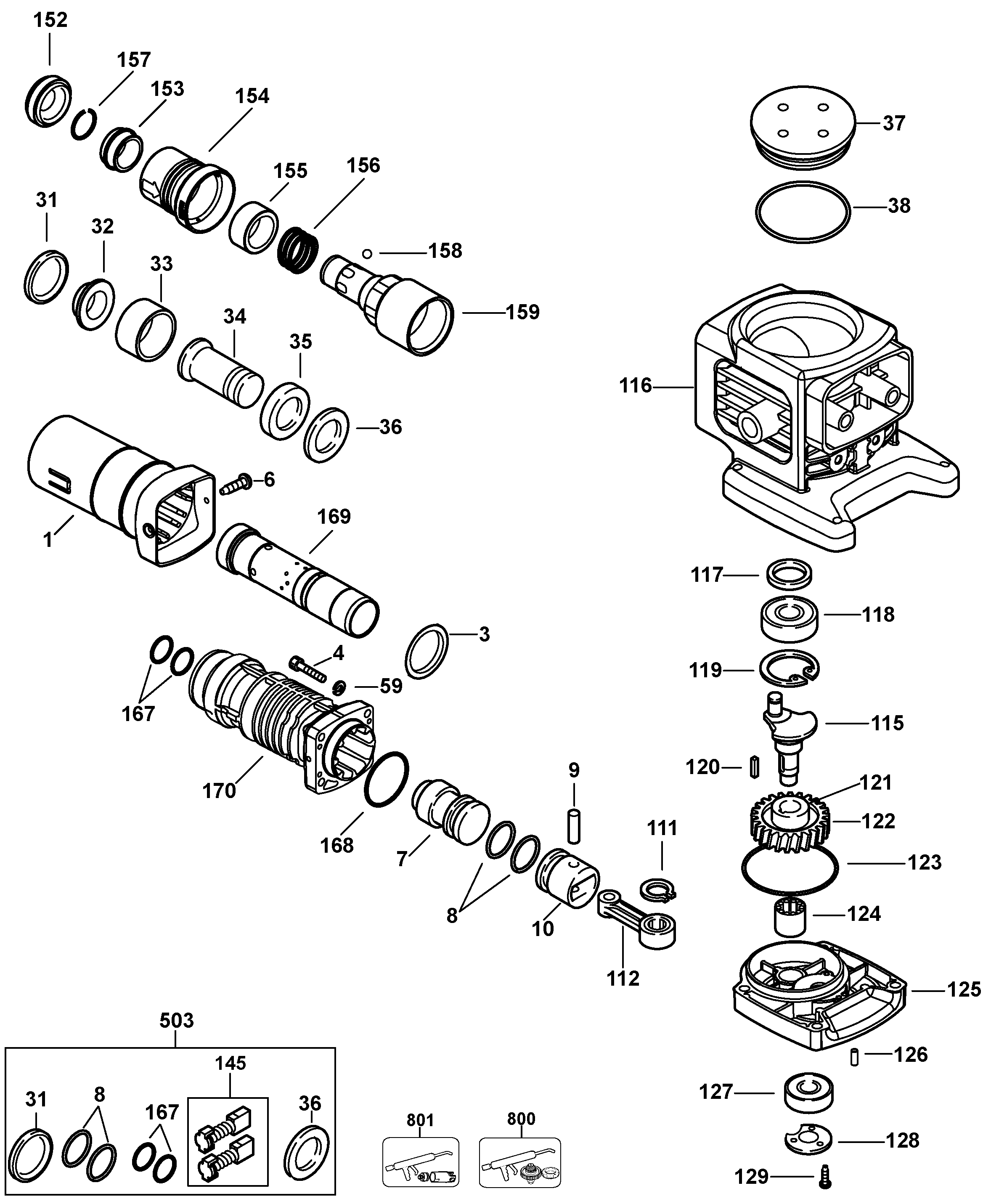 Default Diagram and Parts List for D25580K-B2 Type 1 DeWALT Hammer